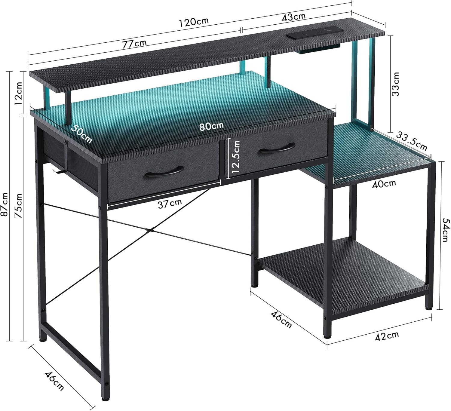 Advwin 120Cm Gaming Desk with LED Lights & Power Outlets Reversible Printer Storage Shelf Computer Desk with Drawers & Headphone Hook Black image number 5