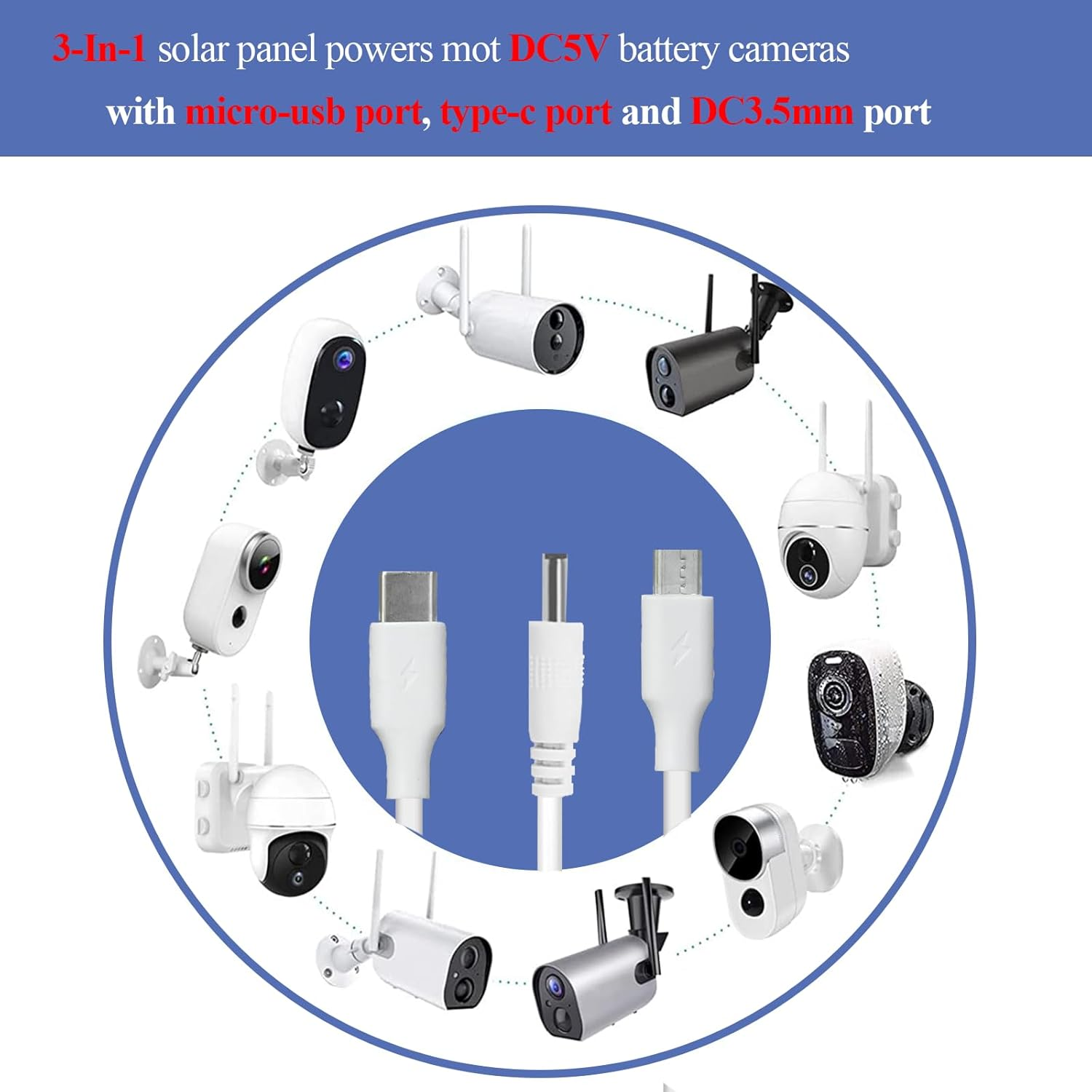 9W Solar Panel for Eufy and Ring Cameras Compatible with Eufy E,2C/2C Pro,2/2Pro,E20/E40,Solo,Solocam Spotlight Includes Micro USB & USB-C & Dc3.5Mm Ports -9.8 Ft Charging Cable image number 5