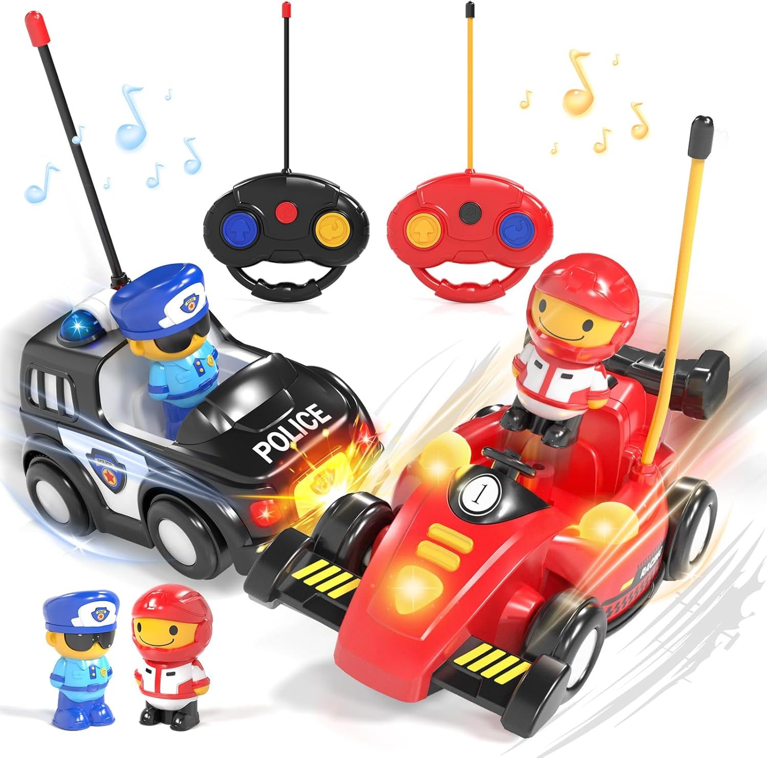 Lehoo Castle Remote Control Cars, Toys for 2 Year Old Boy, Remote Control Bumper Cars, 2 Pack RC Car Pop-Up Race & Police Car Toy, Gifts for 2 Year Old Boys with Lights & Music image number 5