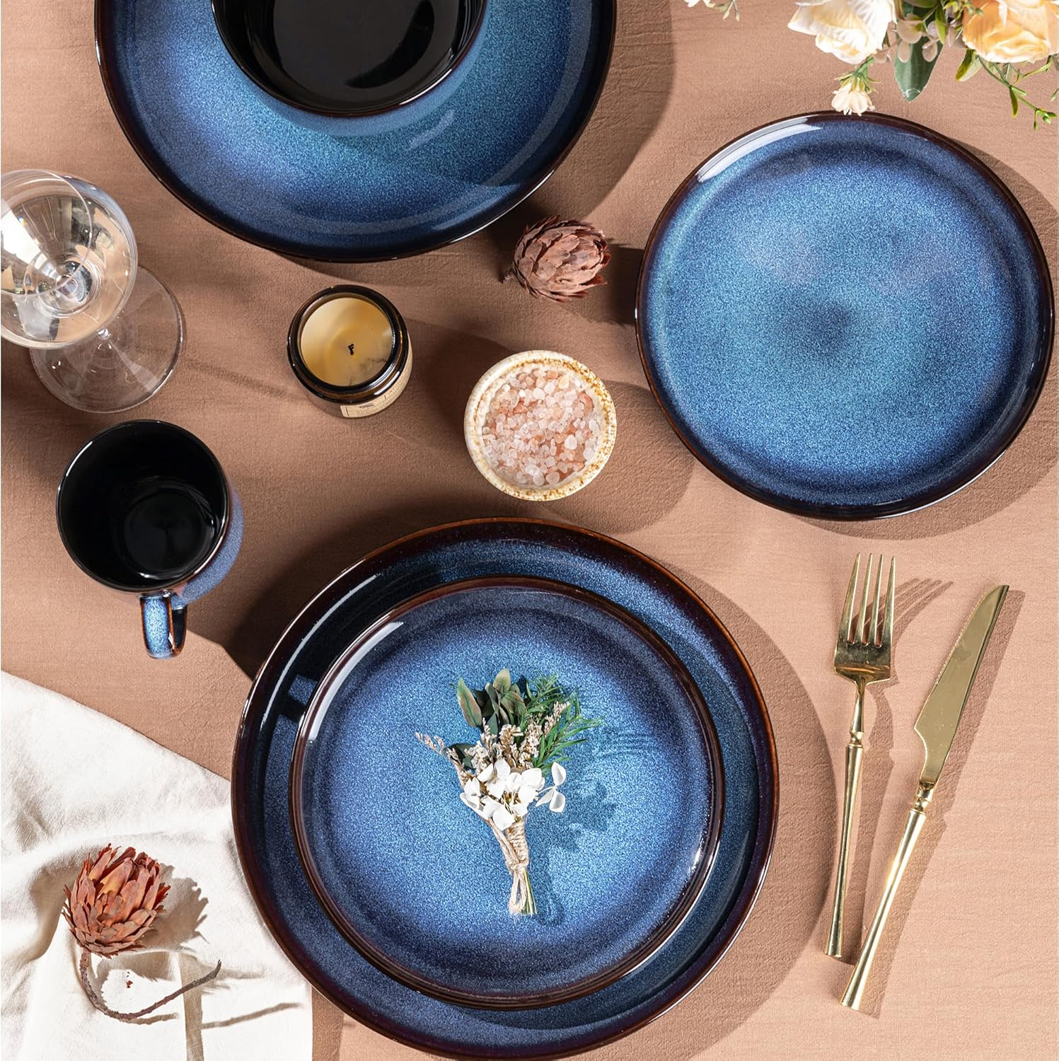 LERATIO Ceramic Dinnerware Sets for 4,16-Piecereactive Glaze Plates and Bowls Set with Mugs,Highly Chip and Crack Resistant | Dishwasher,Microwave & Oven Safe Dishes Set-Blue image number 3