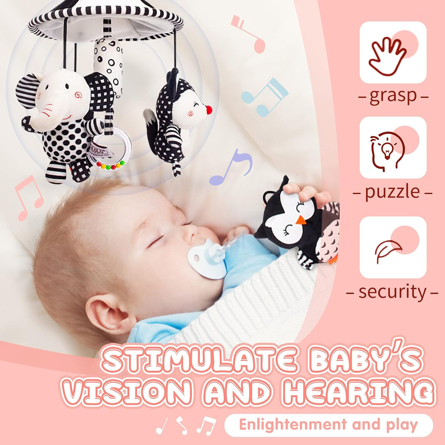 AUYYOSK Baby Cartoon Animal Stuffed Hanging Rattle Toys, Clip-On Car Stroller Toy for 3-6 to 18 Months, Soft Plush Cotton, White image number 5