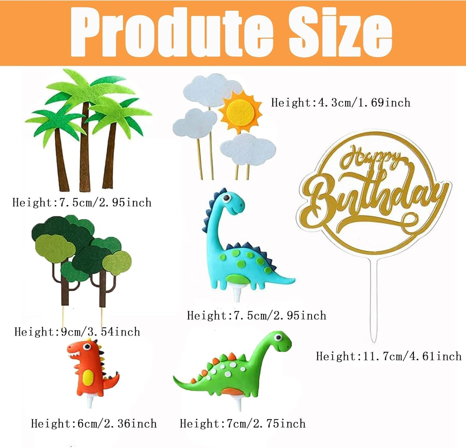 13Pcs Dinosaur Cake Topper Set with Palm Trees, Jungle Theme Party Decoration, Green and Orange image number 1
