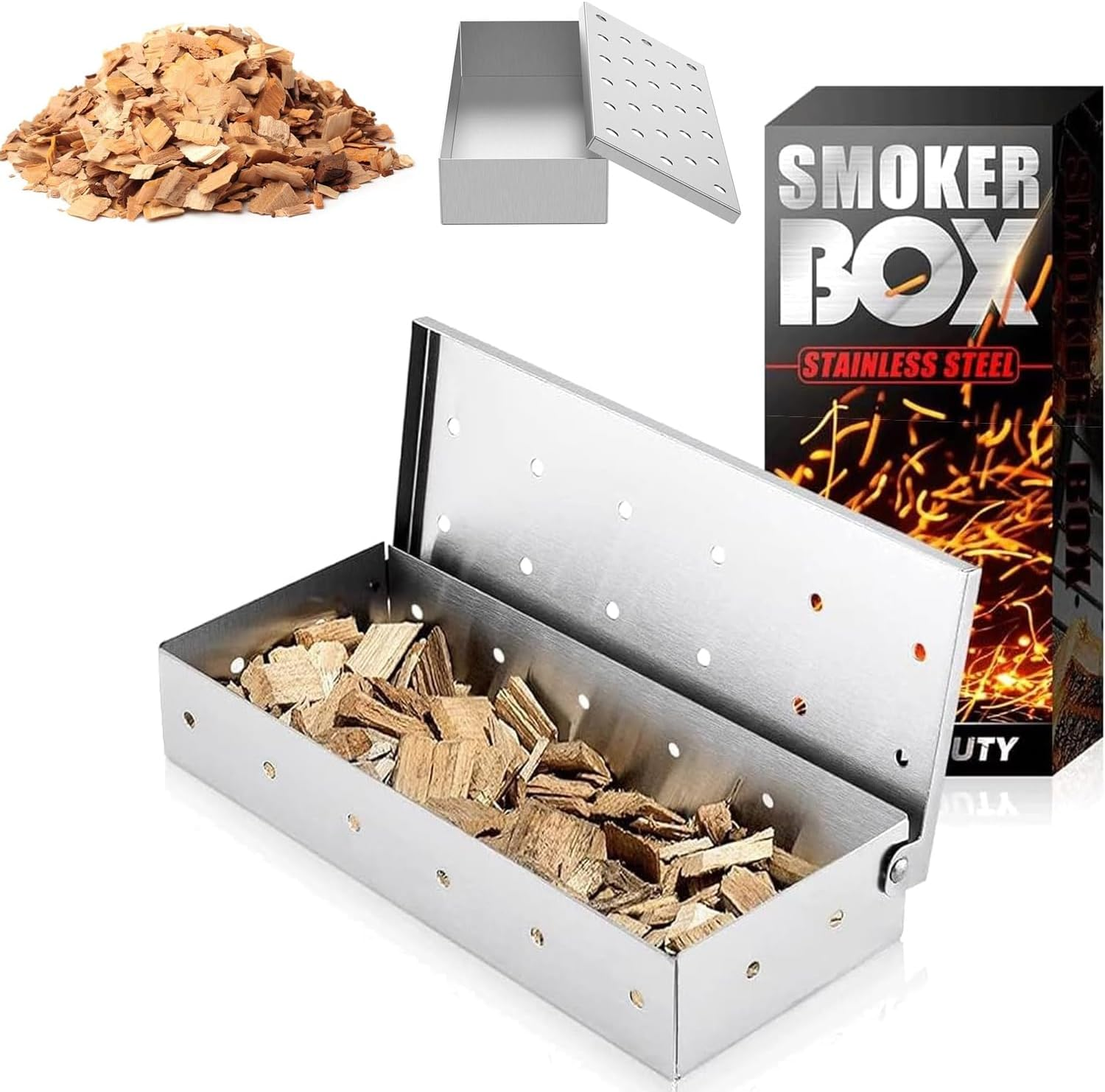 Smoker Box for Wood Chips,Pellet Smoker Tube,Stainless Steel Smoke Box for Cold or Hot Smoking,Add Smoked BBQ Flavor,Hinged Lid,Warp Free Grill Accessories,Use a Gas or Charcoal BBQ Grill image number 4