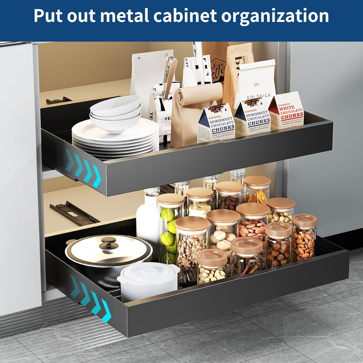 CHENDY Pull Out Cabinet Organizer, Expandable Heavy Duty Slide Out Drawers Fixed with Adhesive Nano Film for Pots - for Kitchen Base Cabinet Organization, Pantry, Bathroom (Black) image number 2