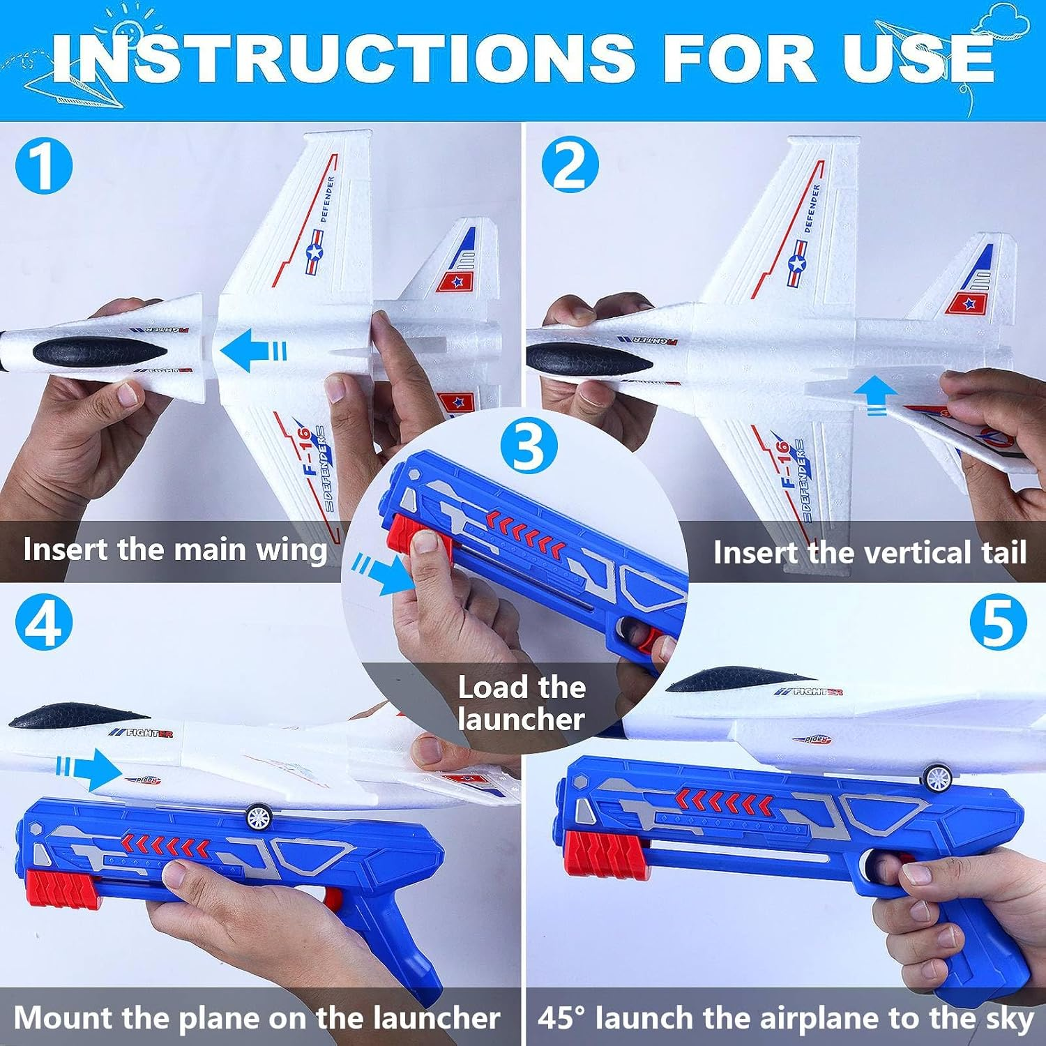 4 Pack Airplane Launcher Toy, Foam Throwing Glider Plane with Catapult Gun Game and Big 3Pcs 34CM F-16 Plane, Outdoor Sports Flying Gadget 3 4 5 6 7 8 9 10+ Years Old Boys Girls Xmas Birthday Gifts image number 5