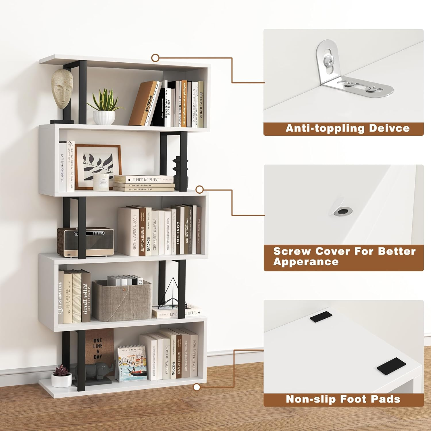 HOMEFORT 5-Tier S-Shaped Bookcase, Geometric Bookshelf for Living Room & Bedroom, Modern Wood & Metal Storage Shelf, Freestanding Display Shelves, Space-Saving Tall Book Shelf White and Black image number 6