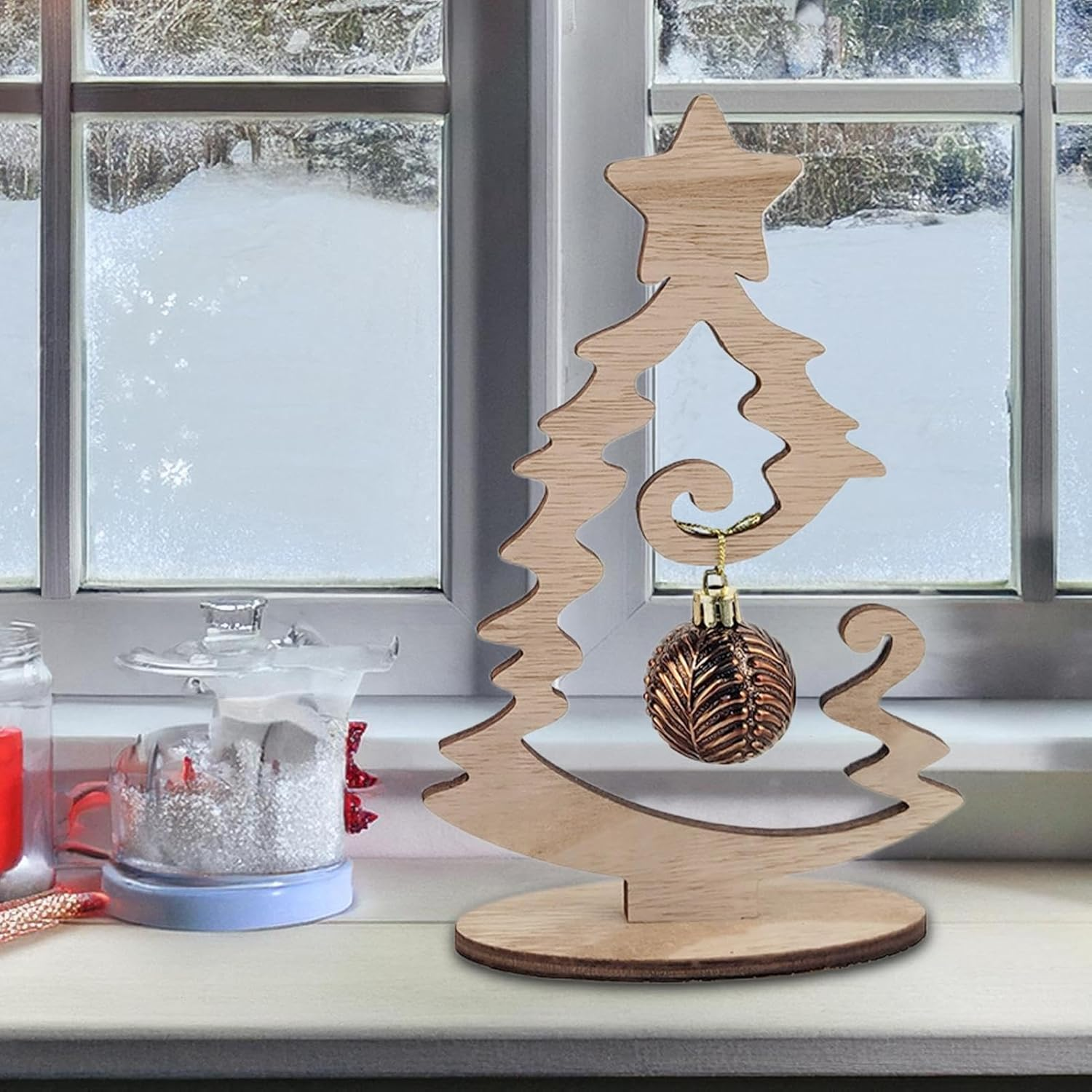 Wooden Desktop Christmas Tree - Tree Ornaments Rustic Tabletop Decor - Stable Small Desktop Christmas Tree Standing Wooden Christmas Tree for Window Sill Living Room image number 3