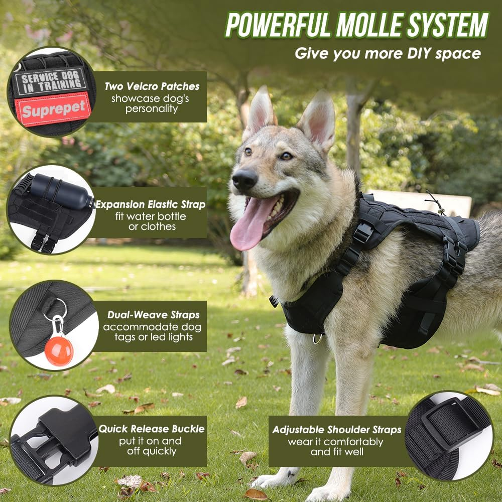 AUTOWT Tactical Dog Harness with Leash and Patches - Service Dog Vest with Rubber Handle and Dual Buckle for Running Training Walking - No Pull Dog Harnesses for Small Medium Large Dogs (Black, M) image number 3