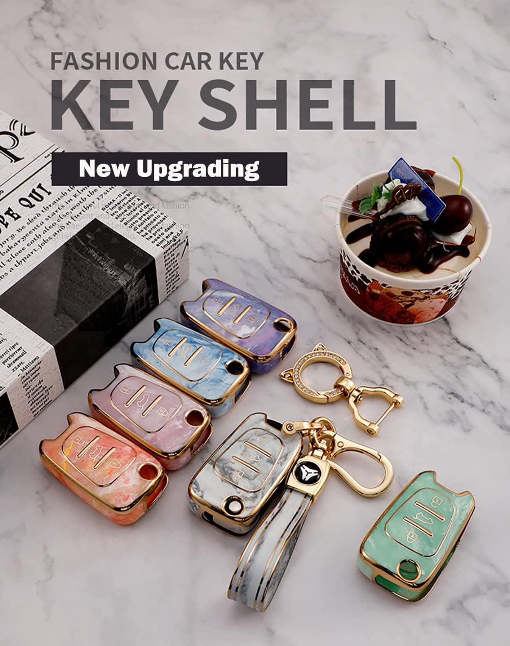 Ontto Tie-Dye TPU Car Key Fob Cover Fit for Hyundai Ix20 Ix35 I20 I30 I35 Elantra Kia Ceed Sportage Rio Sorento 3 Buttons Flip Key Case Keyring Remote Keychain Key Holder Accessories Pink