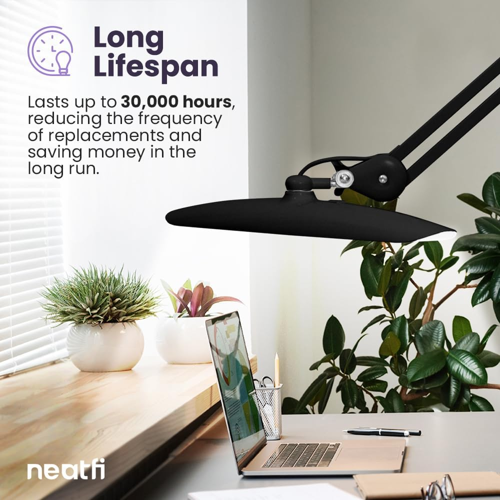 Neatfi XL LED Desk Lamp with Clamp, 2200 Lumens, 24W, 50Cm Wide Head, Dimmable 4 Brightness Levels, Task Light for Home Office, Crafts, Workbench (Non-Cct with Clamp, Black)