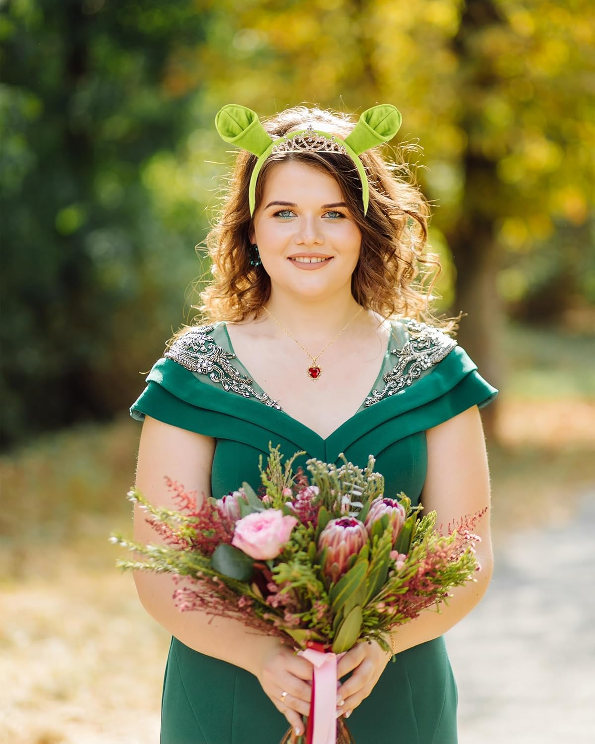 3Pcs Green Ogre Ears Headband Red Heart Necklace Crown Halloween Costume Accessories Monster Cosplay Party image number 2