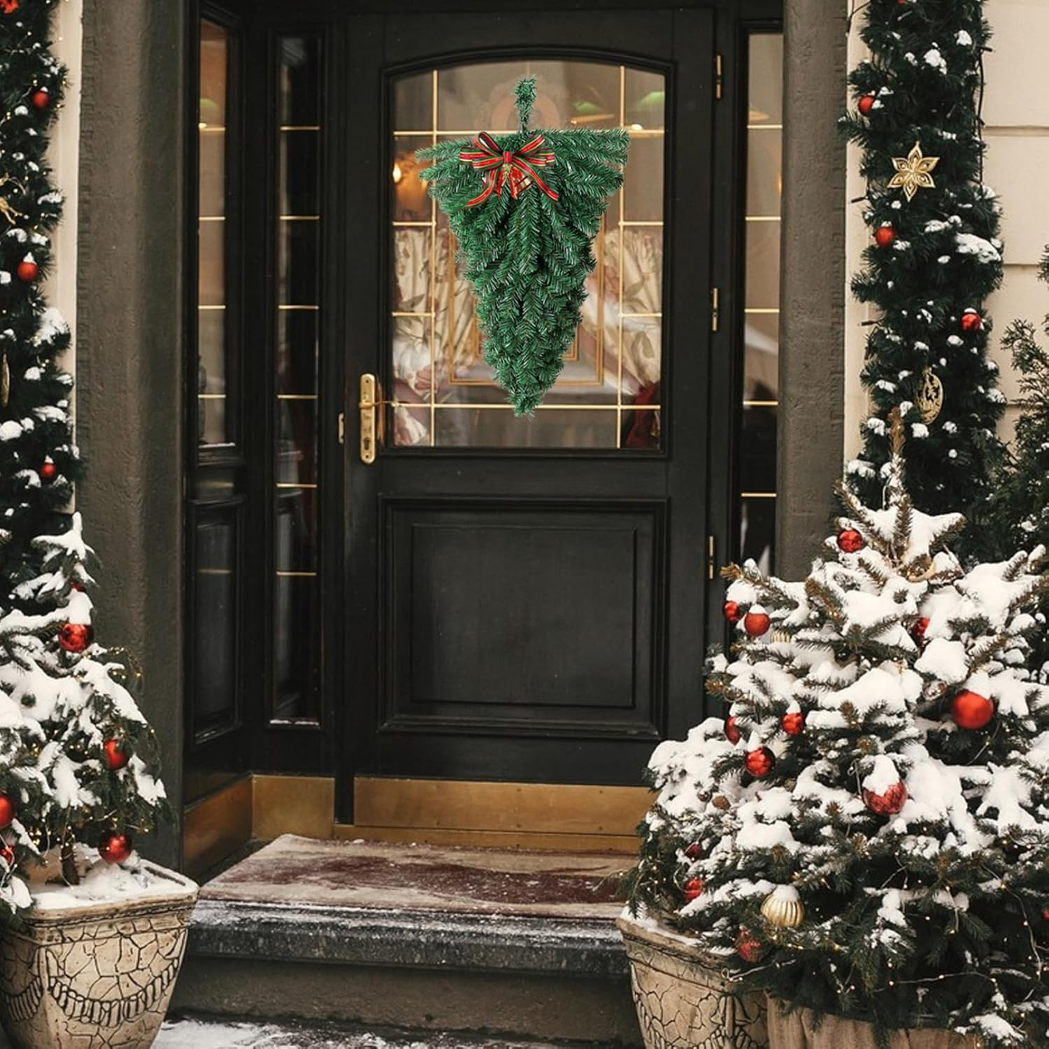 Christmas Swag 2Pcs 45Cm Wreath Base Artificial Upside down Tree Shape Teardrop Swag PVC Christmas Decorations for Front Door Wall Window image number 5