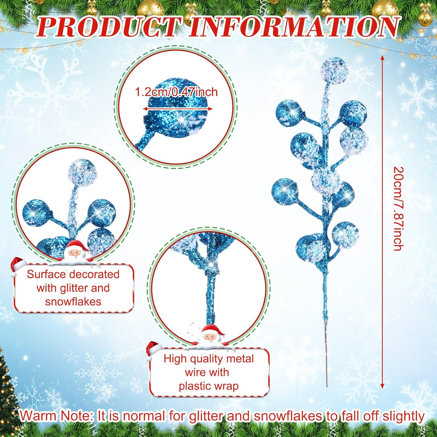 Geosar 30 Pieces Artificial Christmas Berry Picks with Snowflake Glitter Artificial Holly Berry Stems for Christmas Tree Ornaments Vases DIY Crafts Home Wedding Party Holiday Decor(Light Blue) - Baby Blue image number 2