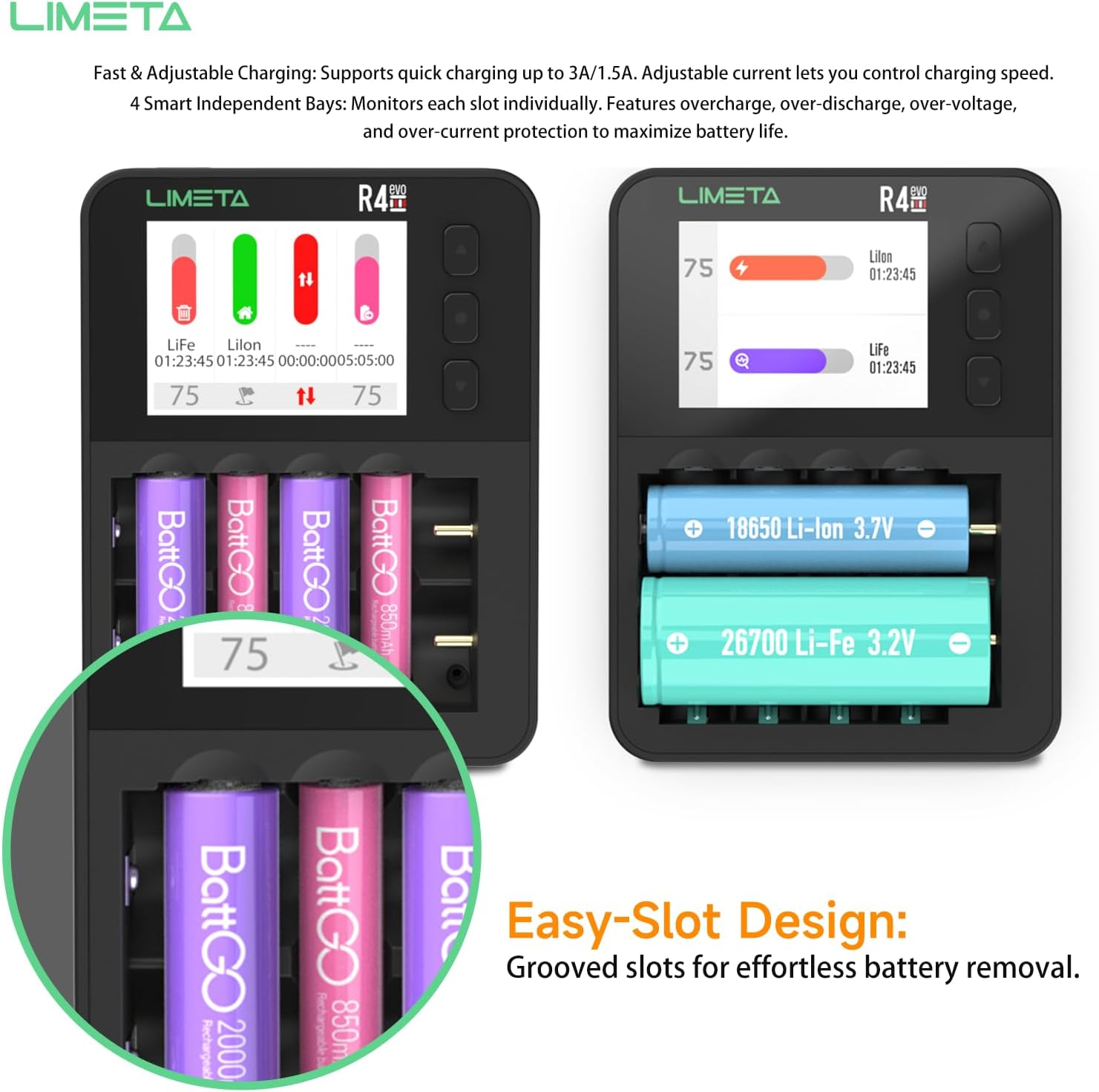 LIMETA R4EVO 6-Slot Battery Charger, Fast Smart Charger for AA/AAA/18650/21700, Ni-Mh/Ni-Cd/Ni-Zn/Li-Ion Rechargeable Batteries, 4 Bay with LCD Display, Type-C 36W Input image number 2