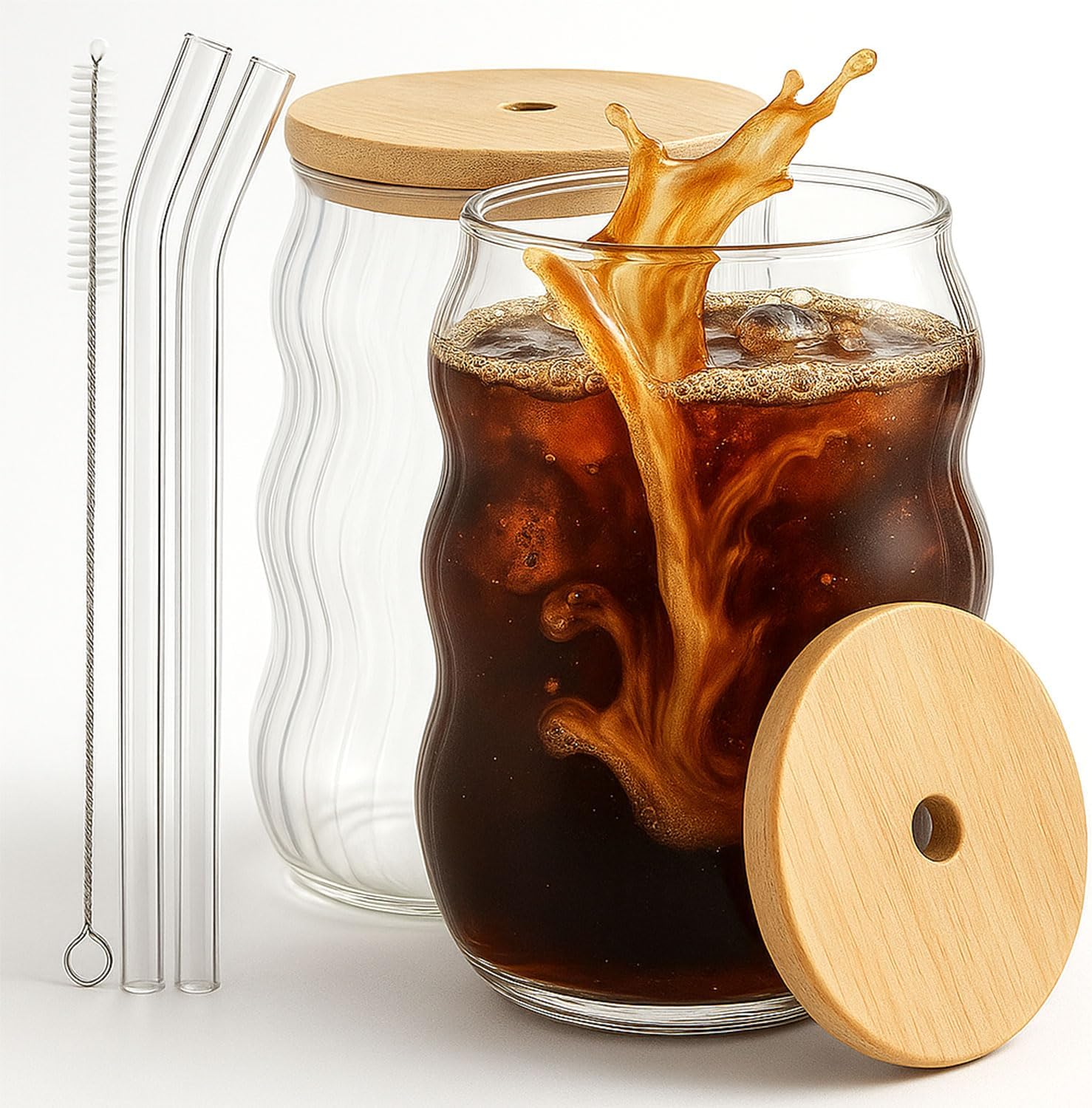 Shanghigh Drinking Glasses with Glass Straw - 7Pcs Cup Set with 16Oz Glass Cup, Staws, Cleaning Brushes and Bamboo Lids, Bubble Cup Glassware with Wave Shape for Drinks, Iced Coffee, Matcha, Tea image number 4