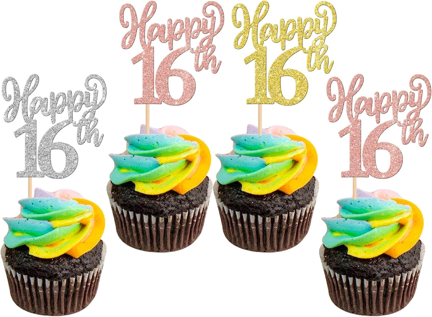 24 Pack Happy 16Th Cupcake Toppers Glitter Sixteen Cheers to 16 Years Number 16 Birthday Cupcake Picks for Happy 16Th Birthday Anniversary Party Cake Decorations Colorful