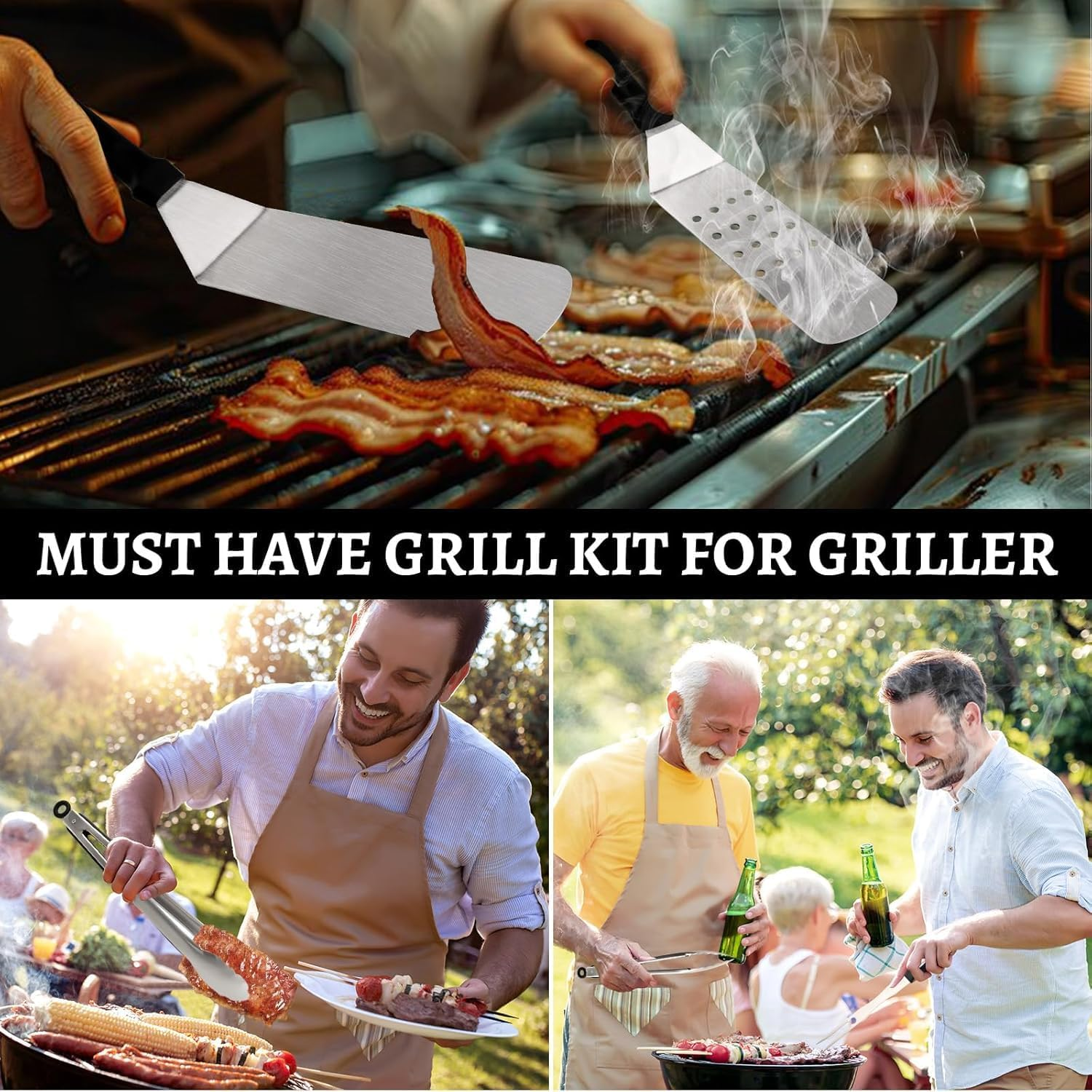 Griddle Accessories Kit, Flat Top Grill Accessories Set, Outdoor BBQ Tool Set, Grilling Utensils Set with Long Handle Metal Spatula, Griddle Scraper, Cleaning Kit, Carry Bag