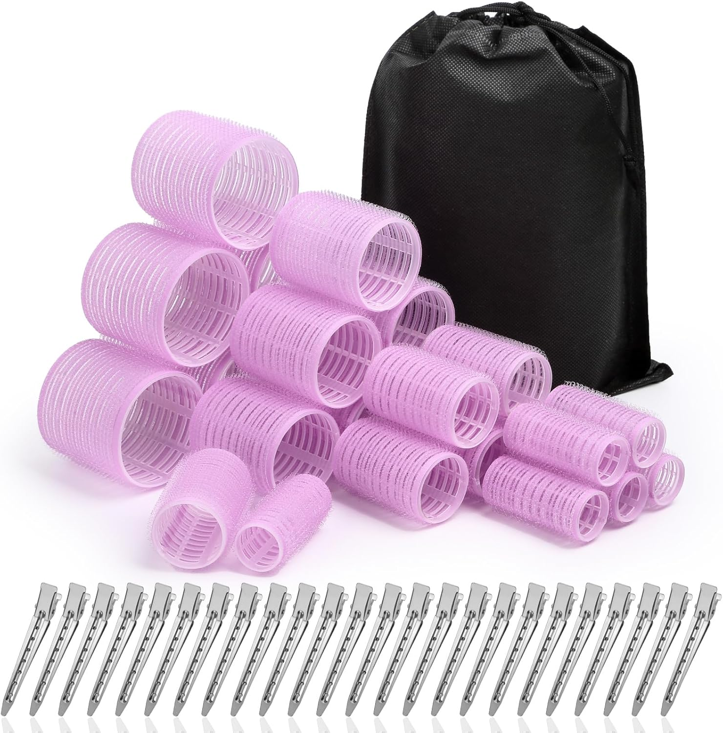 Shynek Rollers Hair Curlers 48 Pcs Set with 24Pcs Hair Rollers 4 Sizes (6 Jumbo Rollers/6 Large Rollers/6 Medium Rollers/6 Small Rollers) and 24 Pcs Hair Clips for Long Medium Short Hair (Black)