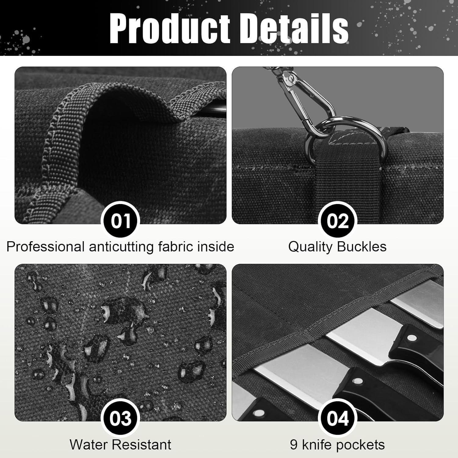 Chef'S Knife Roll Bag - Heavy Duty Waxed Canvas with 11 Slots (10+1 Zipper Pocket), Portable Kitchen Knives Bag for Home/Camping, Waterproof & Shoulder Strap Included (Black) image number 5