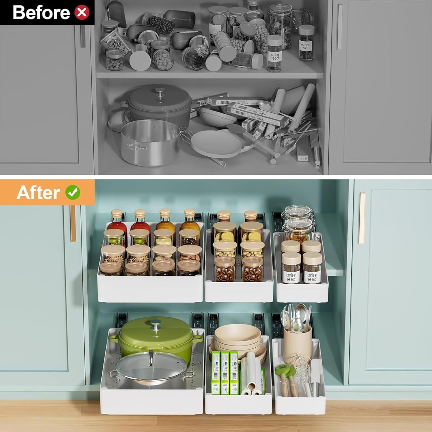 3 Packs Pull Out Cabinet Organizer, 40Cm Deep Slide Out Drawers, Roll Out Rack Shelves for Bathroom Kitchen Cabinets, White image number 5