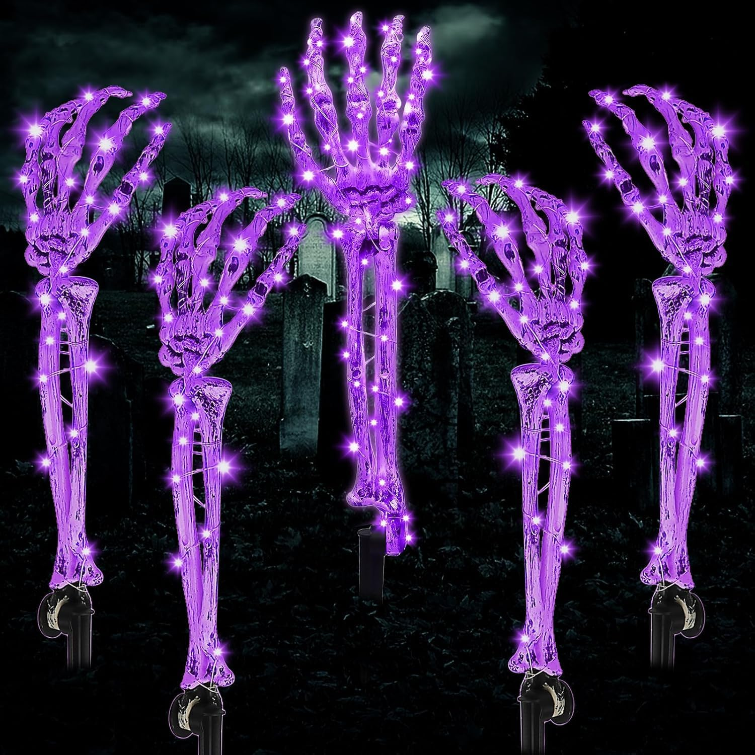 5 Pack Halloween Light Skeleton Decoration, 8 Modes 150LED Purple Garden Lights Skeleton Arm Stakes, Zombie Hand Stake Light,Waterproof, Scary Indoor Outdoor Halloween Party Props Yard Pathway Lights image number 2