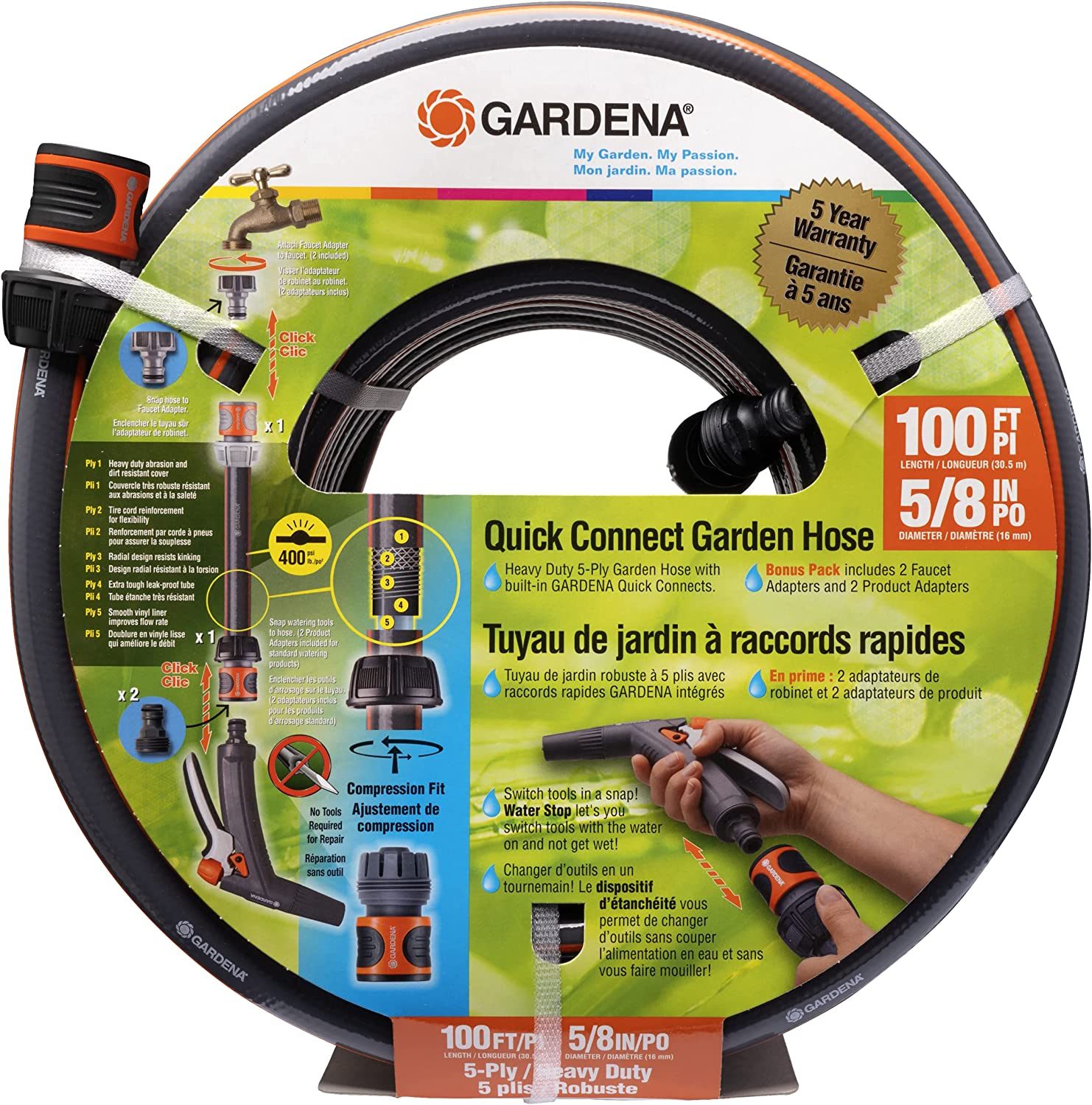 Gardena (39100) 100 Foot 5/8 Inch Heavy-Duty Quick Connect Hose, Heavy-Duty 5-Ply Design, Includes Quick Connectors and Adadpters, Kink-Resistant image number 4