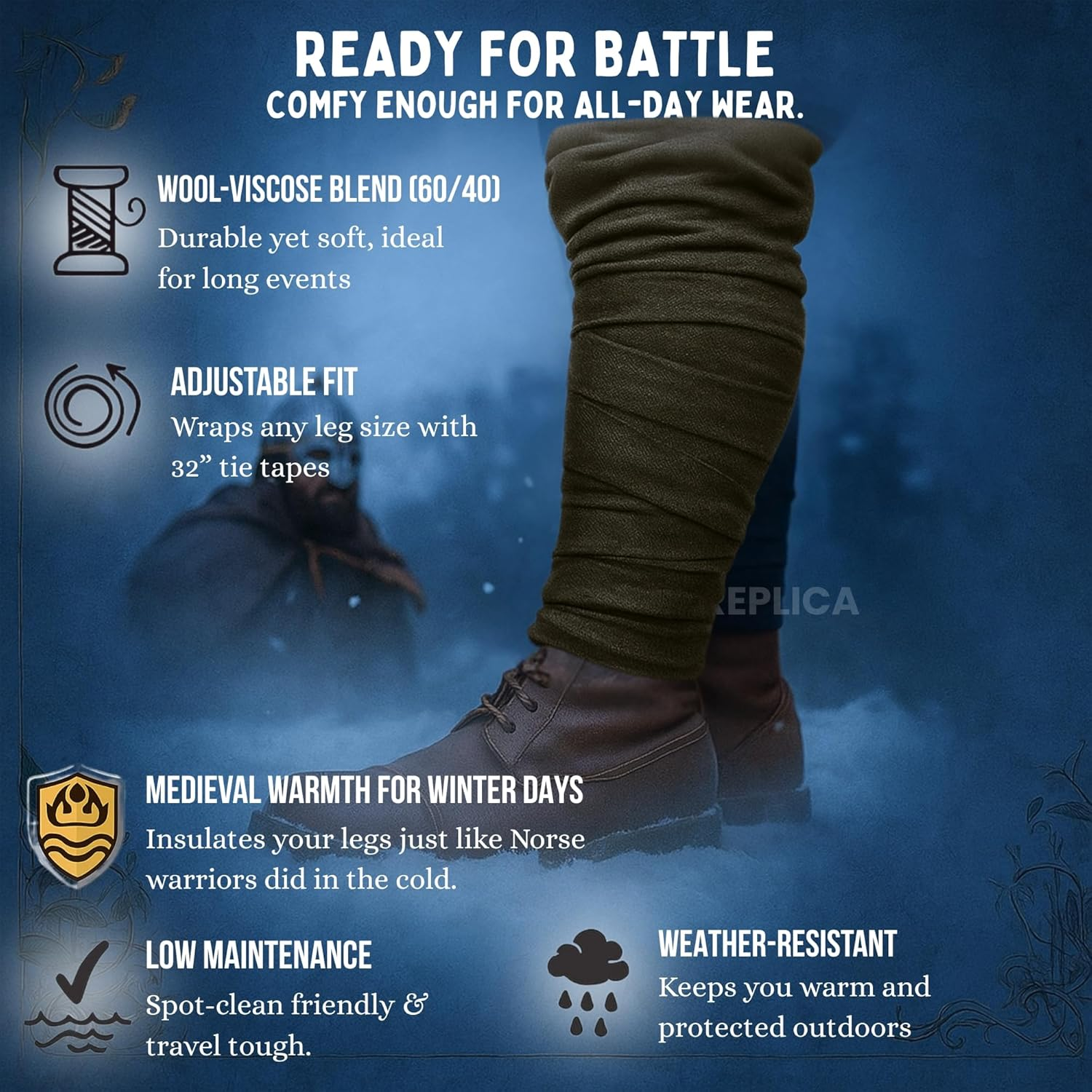 Medieval-Sca-Larp Reenactment Viking Wool Puttees - Grey Color image number 6