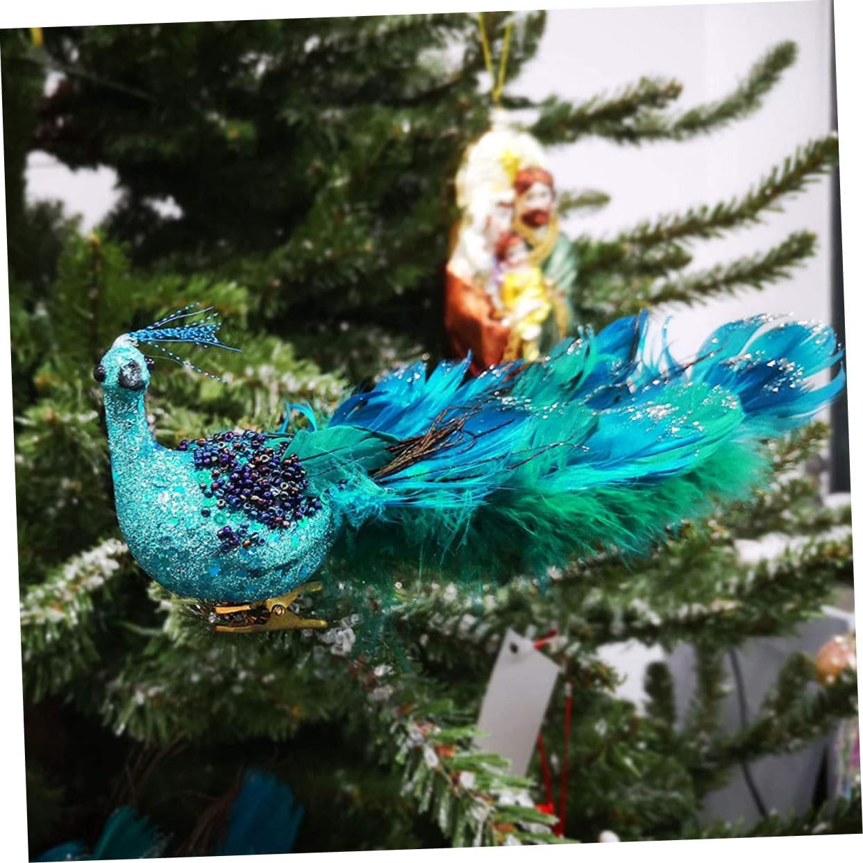 SHOWERORO Peacock Figurines Christmas Tree Ornaments Miniature Ornaments Natural Plume Simulation Bird Decor Seasonal Garden Adornments Holiday Bonsai Decorations image number 3