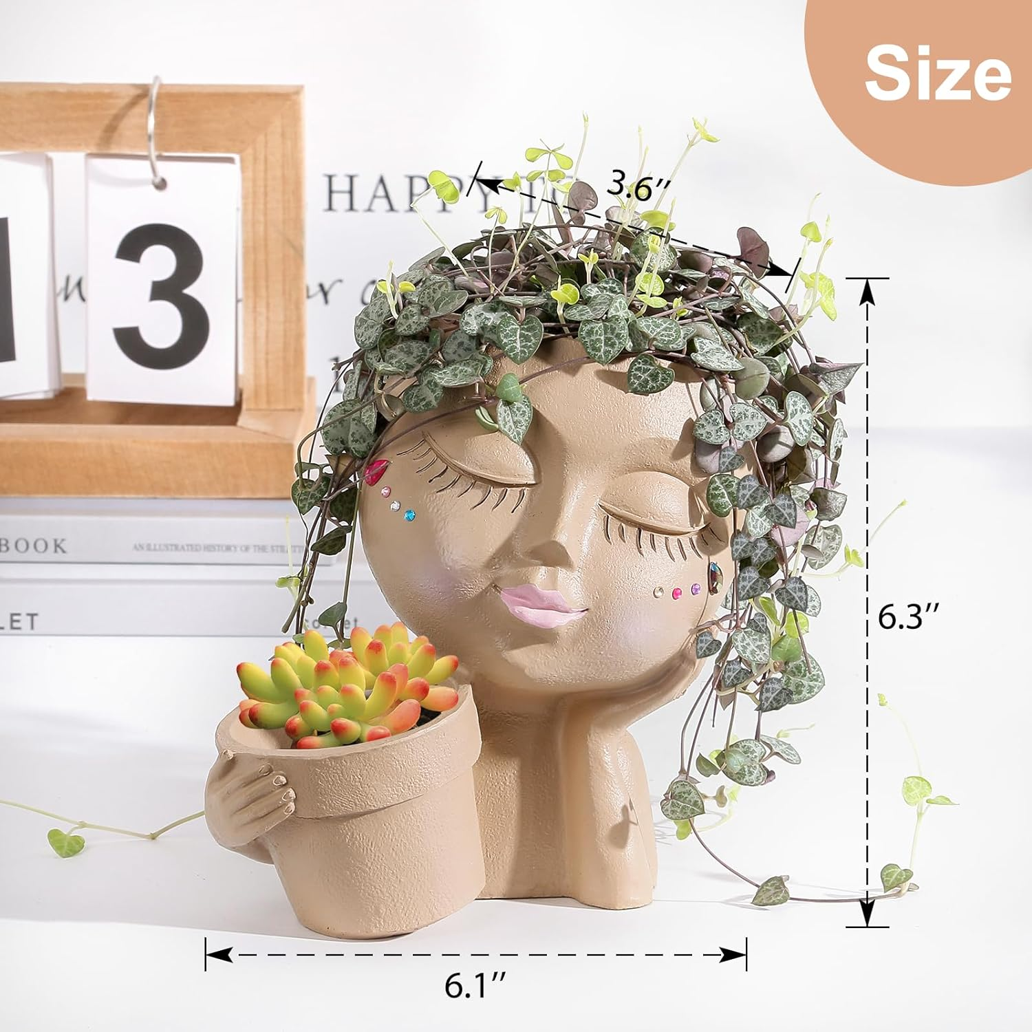 Face Planters Pots Head Planter for Indoor Outdoor Plants - Cute Plant Pots for Flower Succulent with Drainage Hole - Ideal Present Ideas(Khaki Lady) image number 4