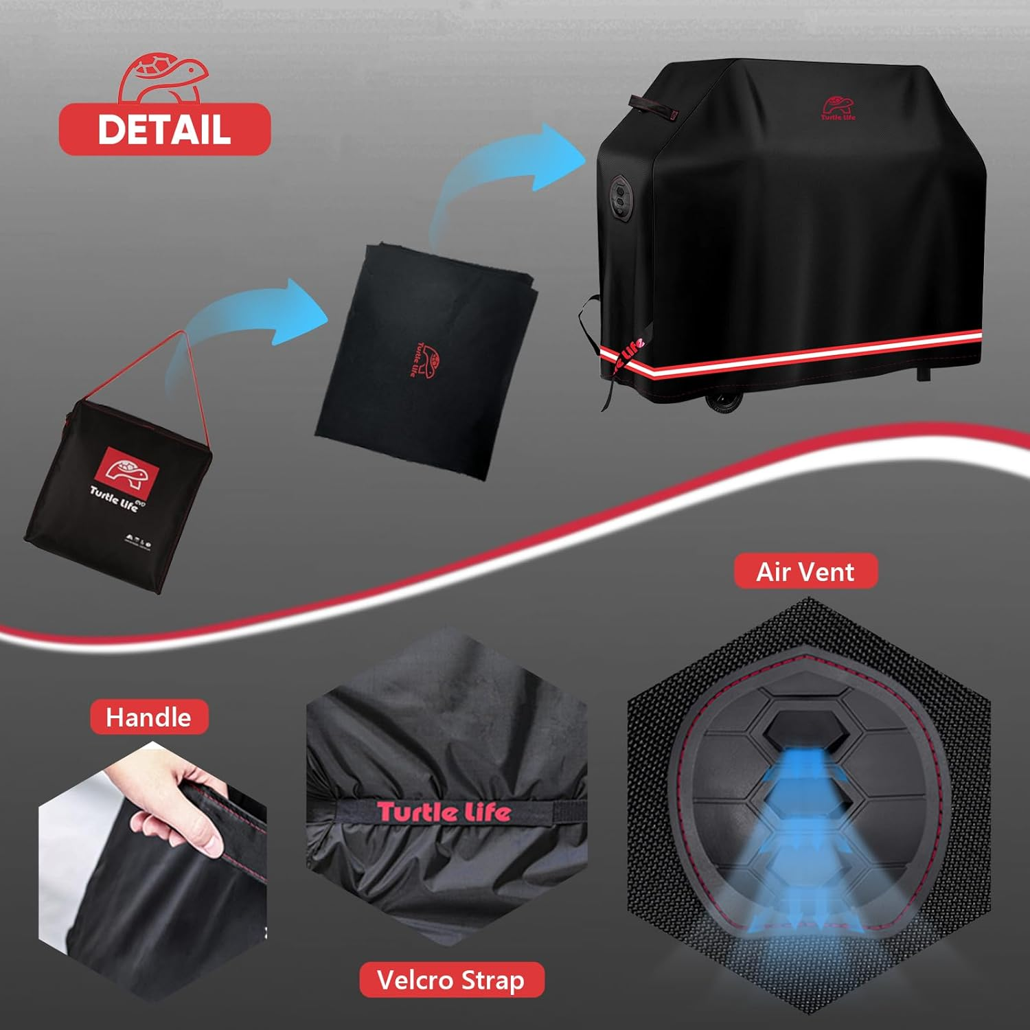 Turtle Life BBQ Grill Cover, 72 Inch Heavy Duty Waterproof 4-6 Burner Barbecue Gas Grill Covers for Weber Genesis Char-Broil Brinkmann, No Fading within 2 Years, Black image number 6