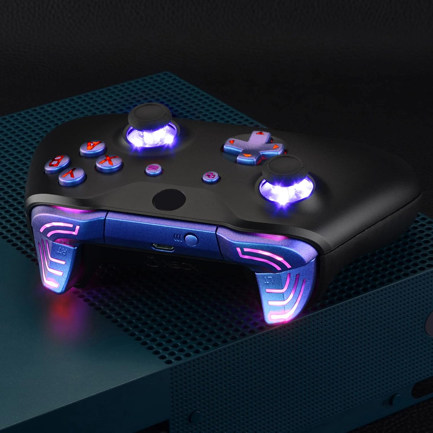 Extremerate Multi-Colors Luminated Bumpers Triggers Dpad Thumbsticks Start Back ABXY Action Buttons, Chameleon Purple Blue Classical Symbols Buttons DTFS (DTF 2.0) LED Kit for Xbox One S/X Controller - Chrome Gold image number 6