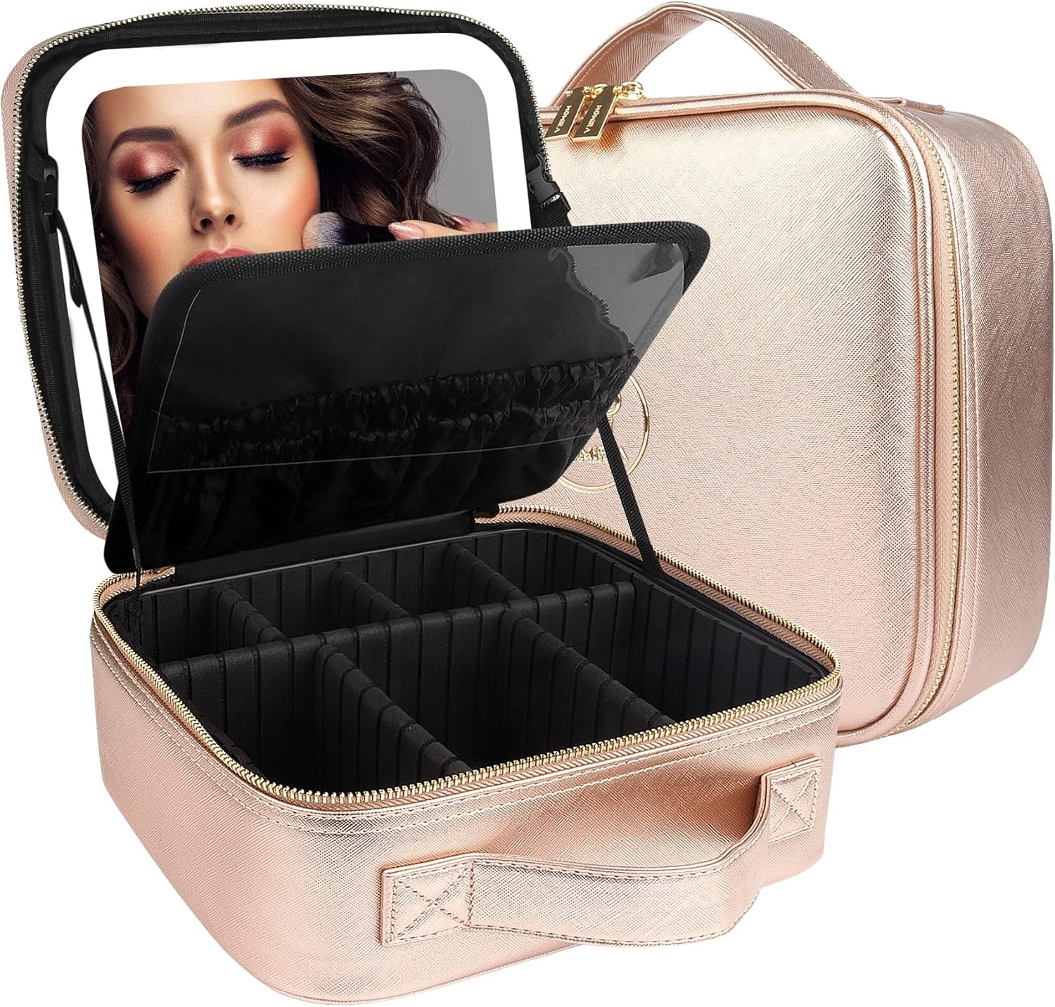 MOMIRA Travel Makeup Bag Cosmetic Bag Makeup Organizer Bag with Lighted Mirror, Adjustable Brightness in 3 Color Scenarios, Waterproof Makeup Train Case, Gift for Women - Apricot(Woven)