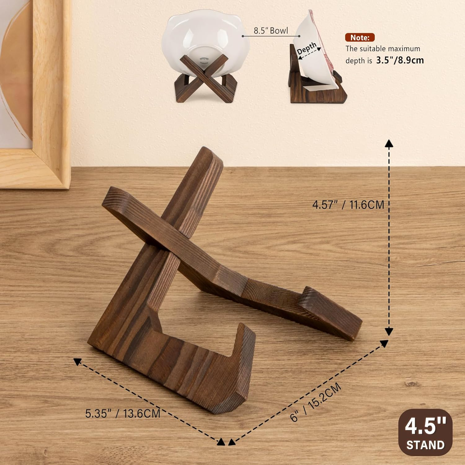 Bowl Stands for Display, 4.5 Inch Plate Holder, Wooden Easel Frame Holder, Display Stand for Large Deep Platters and Dishes, 15.2 X 13.6 X 11.6Cm (For Bowls under 8.9Cm in Depth) image number 3