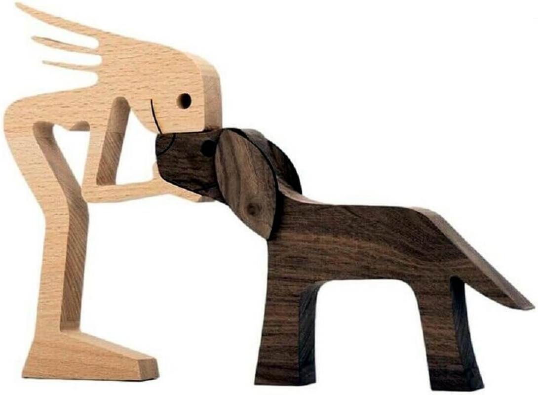 Unique Gift Hand Carved Wood Dog Human Statue Figurine Sculpture Home Office D&eacute;cor, Wooden Man Carving Model to Remember Friendship between Dog and People