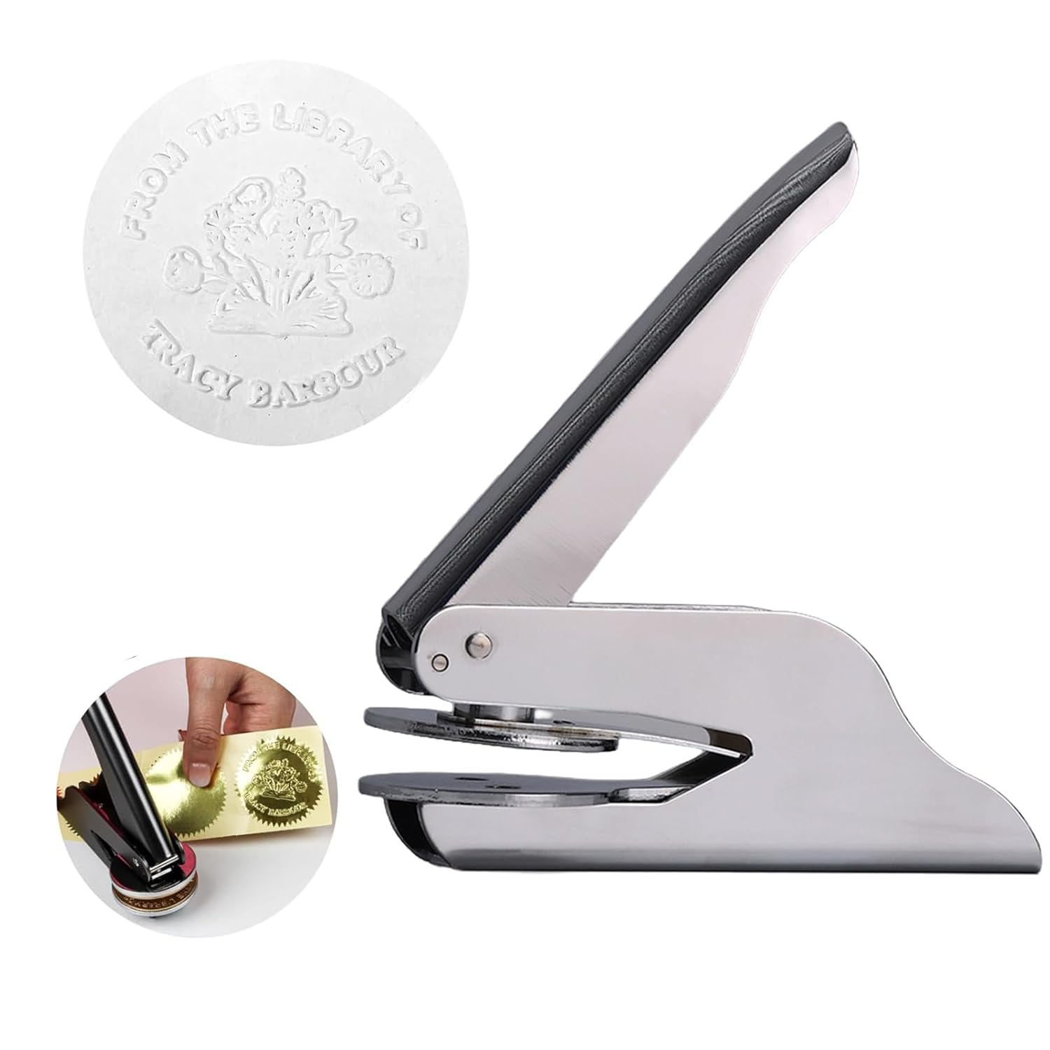 Book Embosser Personalised, Book Embosser for 40MM Diameter Stamp with 10 Stickers | for Books Lover Gift, Wedding, Envelopes,Stamps(Sliver) ﻿