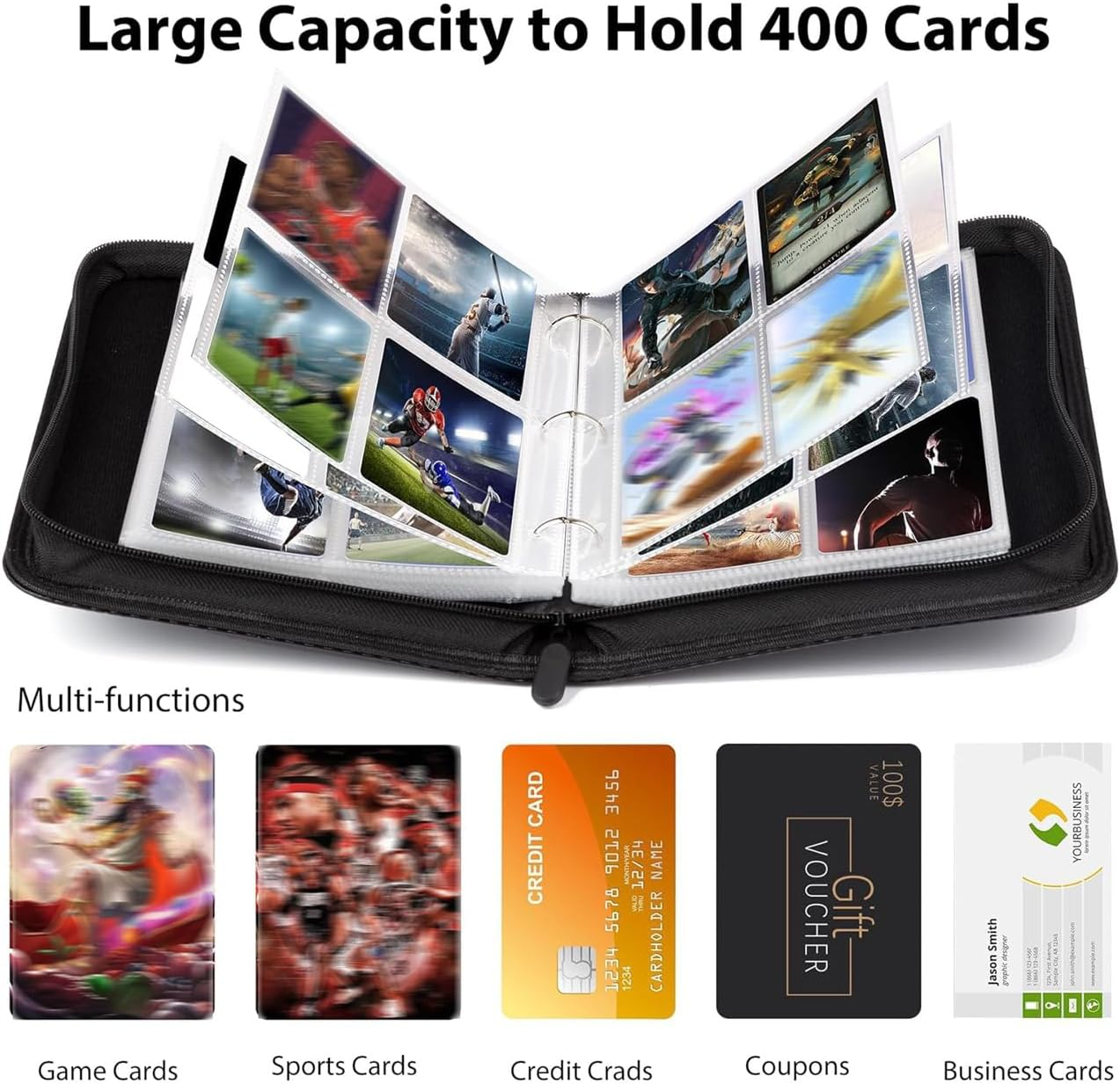 Trading Card Binder with Sleeves, 4 Pocket Baseball Card Holder, Sports Card Folder Collectible Trading Card Albums Fits 400 Cards with 50 Removable Sleeves Black image number 1