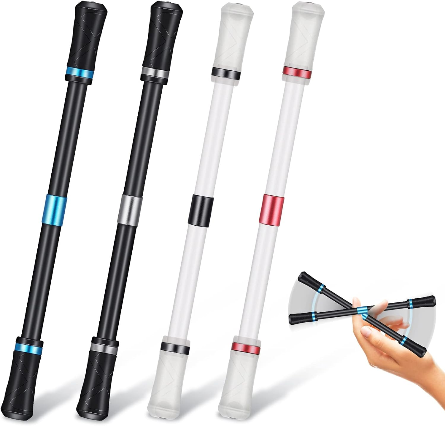 4 Pieces Pen Spinning Fidget Flying Pen Mods for Students - Finger Rotating Gaming Pen without Refill - White and Black