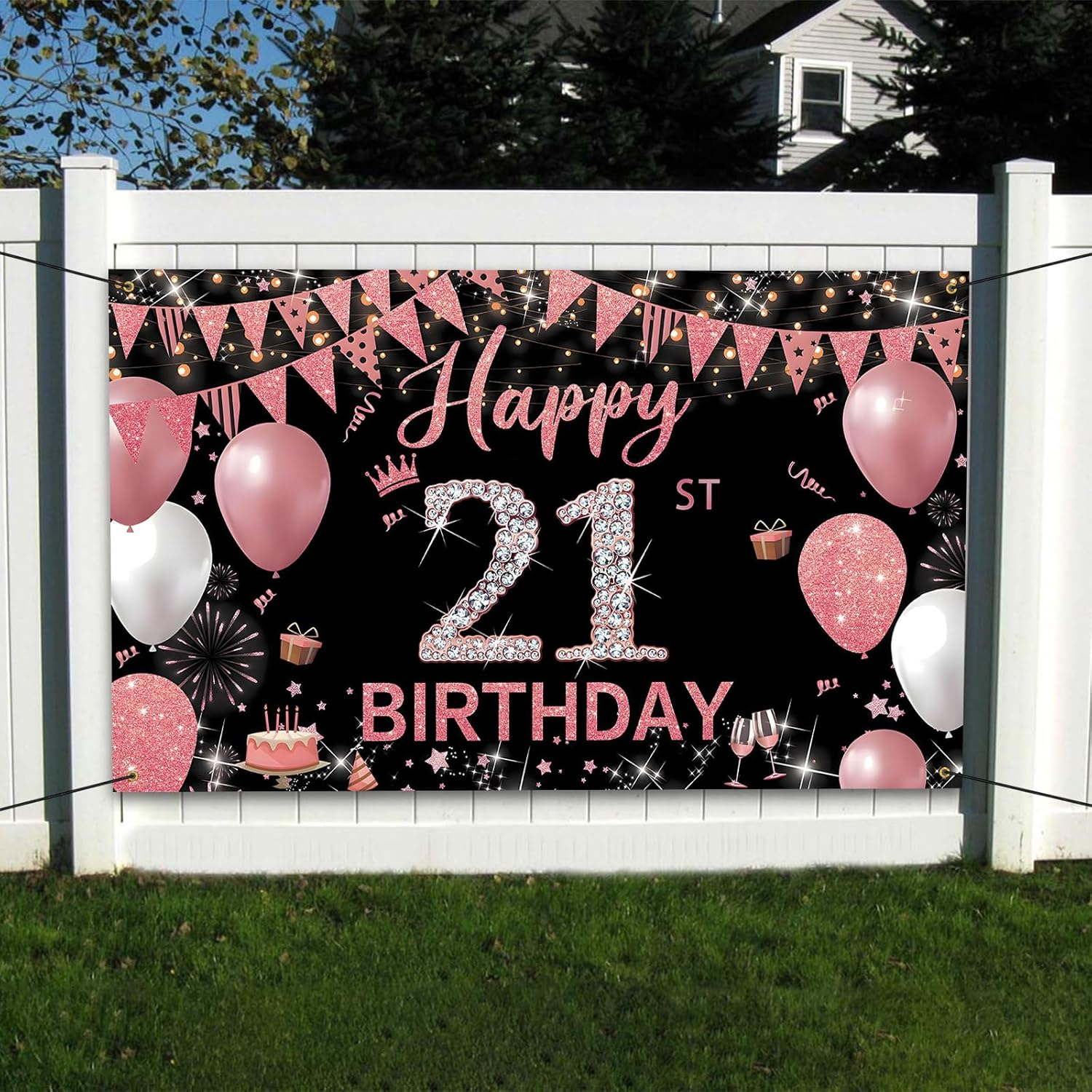 Happy Birthday Banner, 21St Birthday Decorations Backdrop, Extra Large Black Pink Party Decorations, Perfect Birthday Party Supplies Photography Background for Boys, and Grils, 180X110Cm - Pink 18Th image number 6