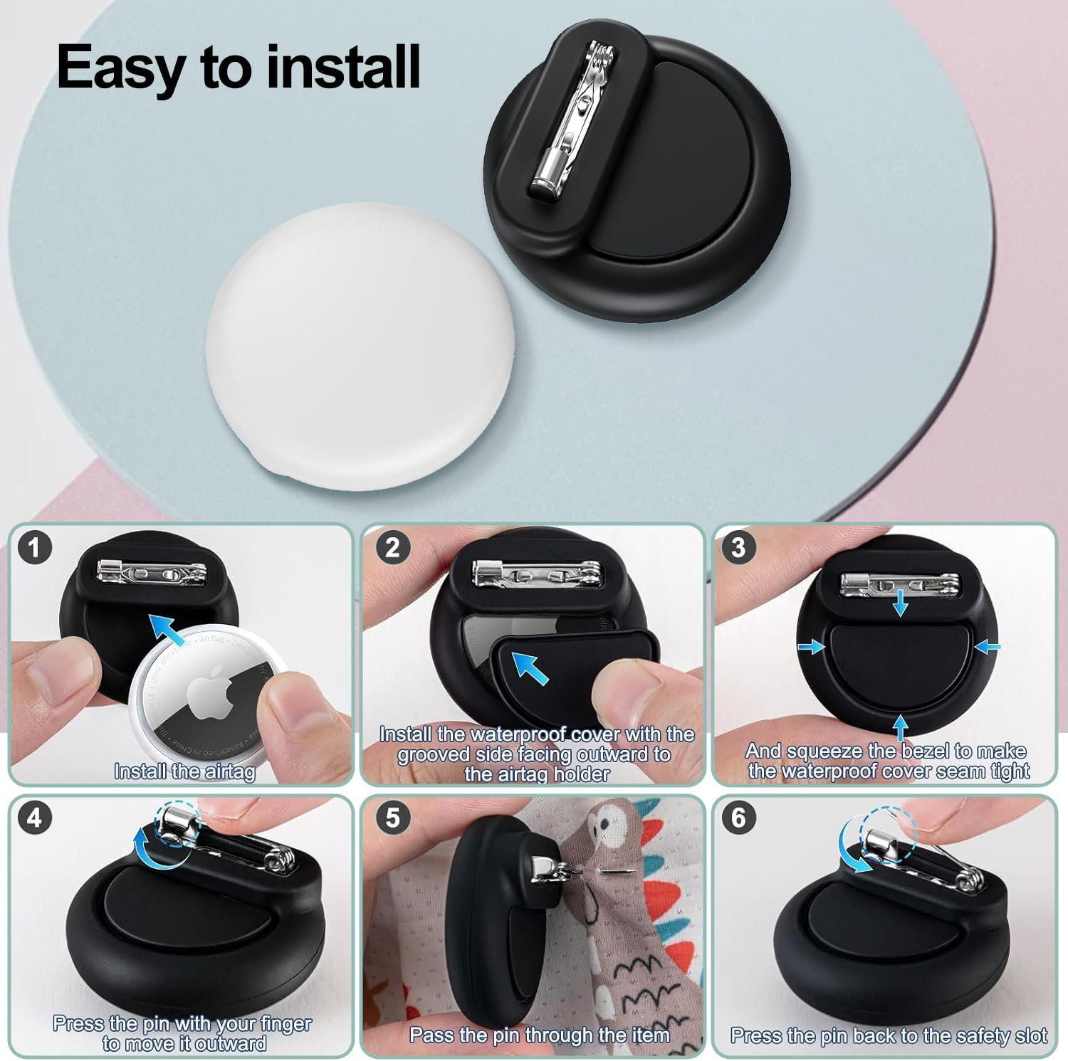 T Tersely【4 Pack】 Waterproof Holder for Airtag 2Nd/1St Generation (2026/2021), Silicone Case Holder with Invisible Pin, anti Lost, for Kids, Elderly, Luggage, Clothing (Black White Pink Green) - Black White Pink Purple image number 3