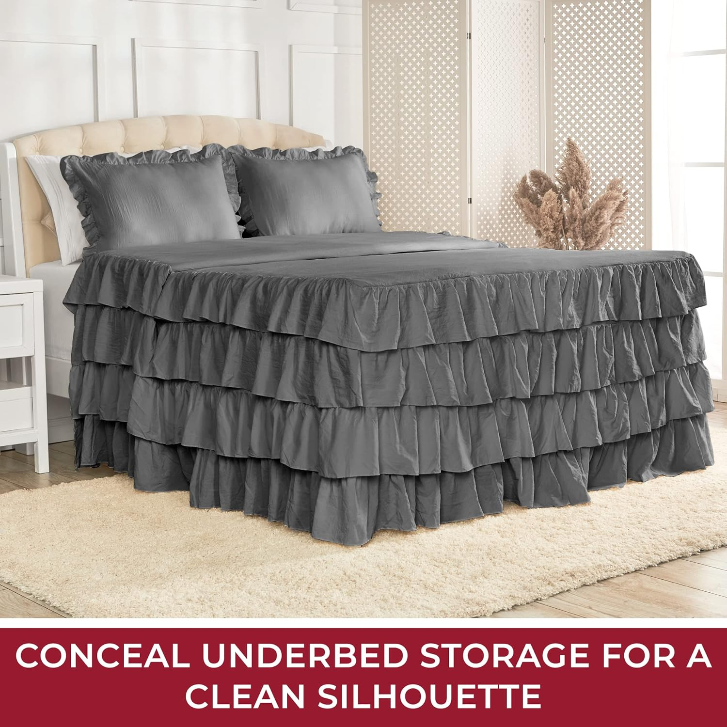 Mellanni Multi-Ruffled King Comforter Set - 3-Pieces: 1 Bedspread & 2 Shams - Shabby Chic Bedding Set - 30" Deep Bedskirt for Total Coverage - Durable and Comfortable Chic Bedspreads (King, Gray) image number 7