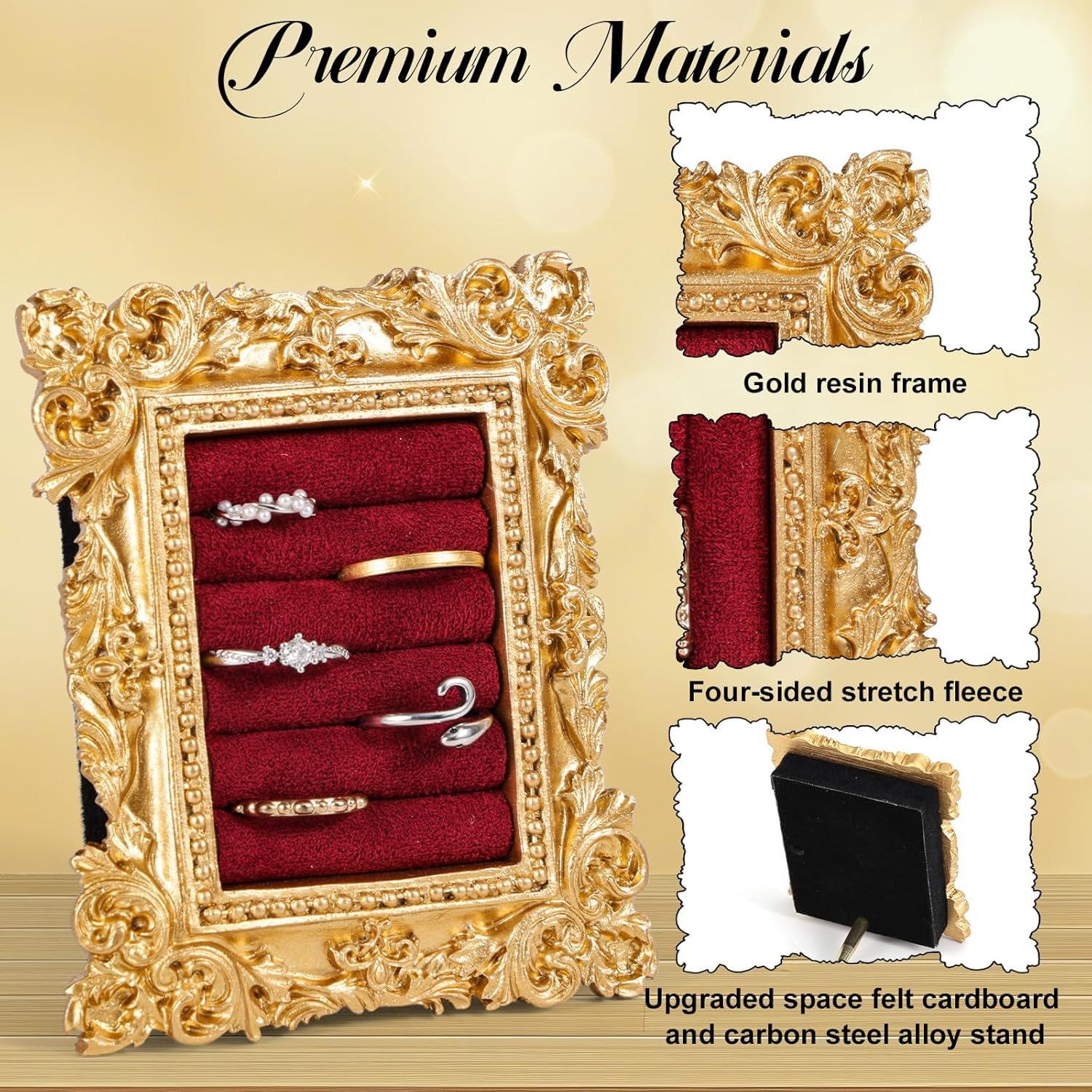 Vintage Ring Display Stand, Baroque Ring Holder Earring Display Tray Jewelry Organizer Birthday Engagement Wedding Decoration for Women (Wine Red) image number 4