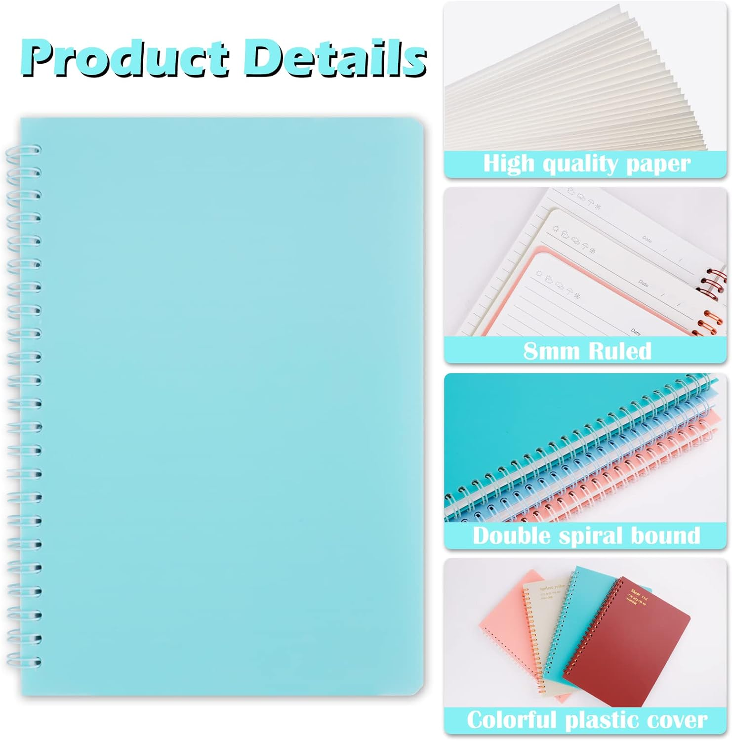 6Pcs A5 Spiral Notebooks, FHDUSRYO Colorful Plastic Cover Notebooks, 6 Color 8Mm Ruled 80 Sheets 160 Pages Journals for Study and Note, Planner, Diary (21X15 Cm) image number 6