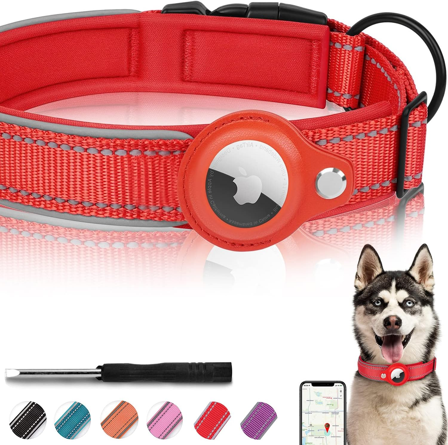 FEEYAR Reflective Airtag Dog Collar, Padded Apple Air Tag Dog Collar, Heavy Duty Dog Collar with Airtag Holder Case, Adjustable Air Tag Accessories Pet Collar for Small Medium Large Dogs image number 3