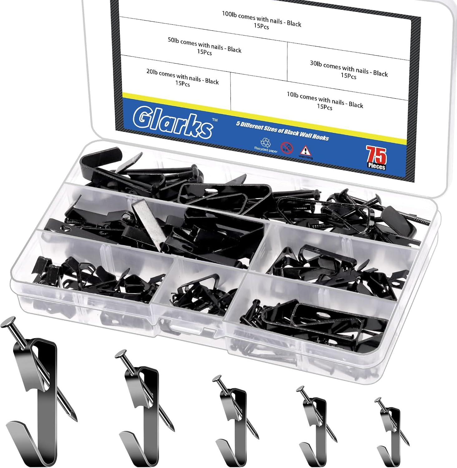 Glarks 120Pcs 10Lb/20Lb/30Lb/50Lb/100Lb Picture Hangers Hooks with Nails Kit, Gold Black Silver Picture Photo Hanging Hooks with Nails, Picture Hanging Kit for Frame, Painting, Art, Photo