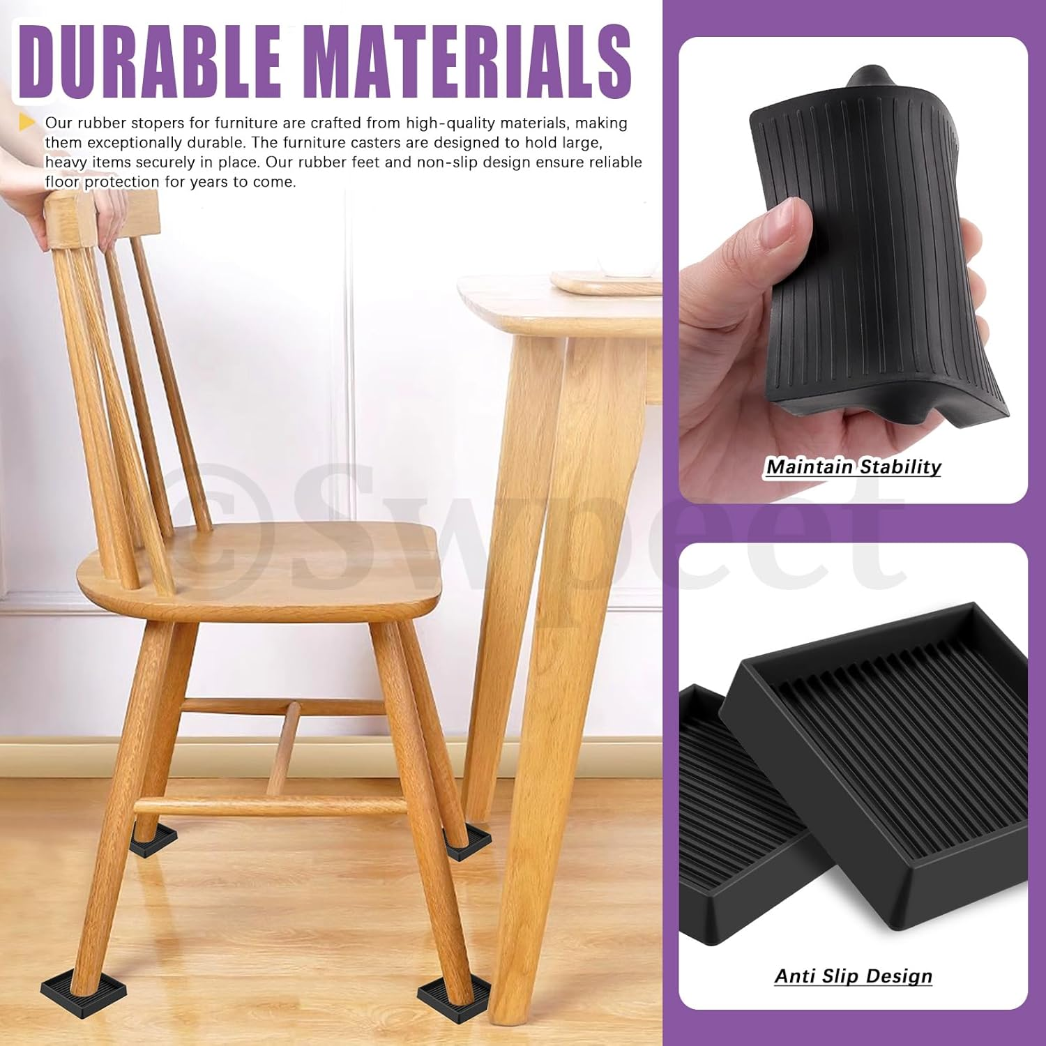 Swpeet 4Pcs 3" X 3" Square Black Rubber anti Skid Caster Cups Non Slip Furniture Pads Kit, Anti-Slip Gripper, anti Skid Furniture Feet anti Slide Floor Stoppers for Bed Couch Table Chair Stoppers