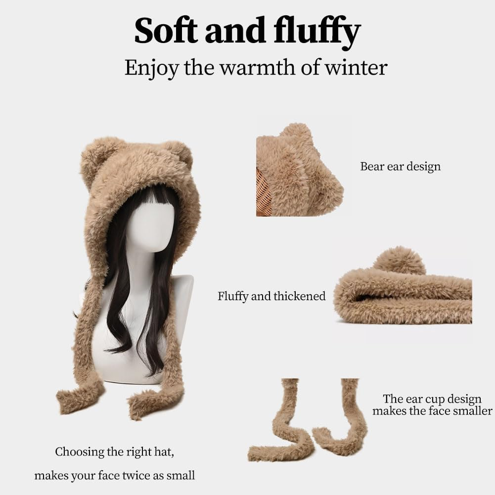 Women Winter Beanie Hats Knit Ear Flaps Cute Stuffed Bear Ears Fleece Lined Fluffy Ski Snow Hat - Khaki image number 6