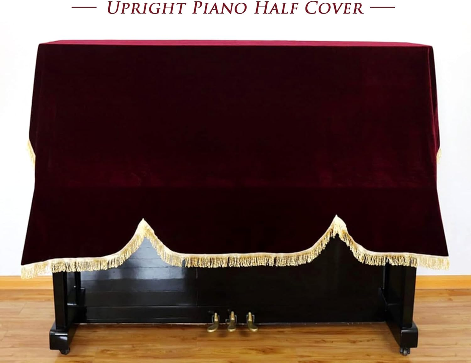Luxury Velvet Upright Piano Half Cover, Beauties Factory Burgundy Red Dust Proof Protection with Tassels Fits Standard Upright Pianos