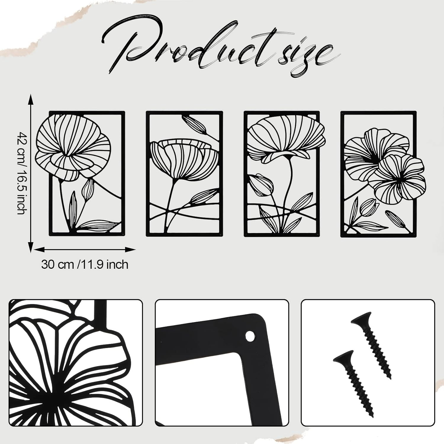Cunno 4PCS Metal Line Art Wall Decor Living Room Metal Flower Minimalist Sculpture Modern Aesthetic Poppy Floral Minimalist Wall Hanging Bedroom Home Kitchen Bathroom 16.5X11.9'' (Black) DAY-234 image number 6