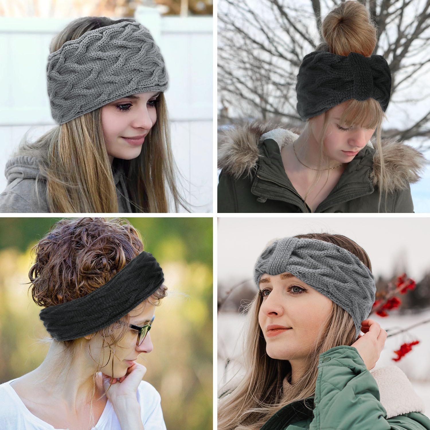 Estefanlo Women'S Winter Headbands, Pack of 2, Knitted Lined with Fleece, Ear Warmers, Headband, Hair Band, Thick for Women and Girls (Black + Grey) image number 1