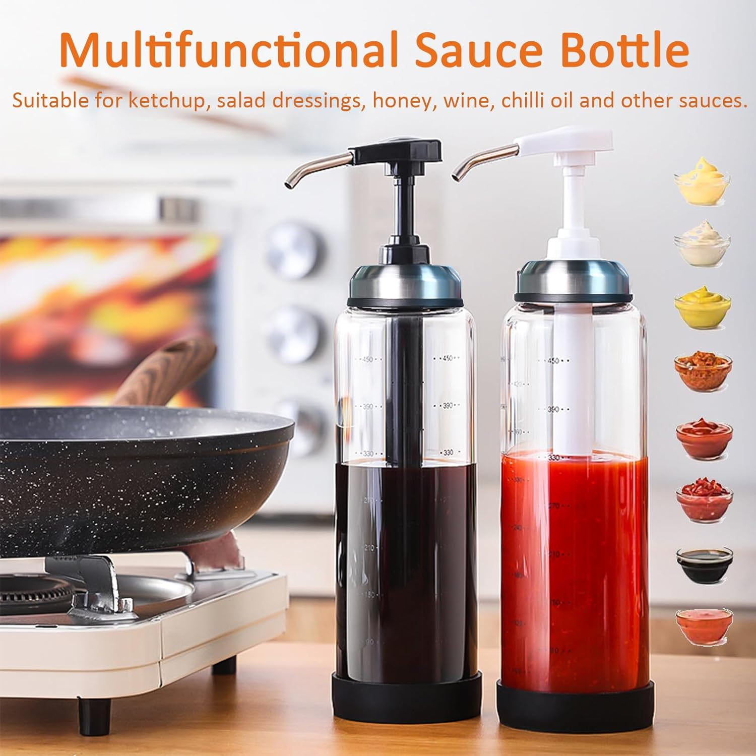Syrup Dispenser with Pump,500Ml Refillable Ketchup Bottle for Sauce and Syrup Glass Bottle with Wide Neck Press Pump Head Sticky Sauce Squeeze Bottle,Honey Dispenser (Black)